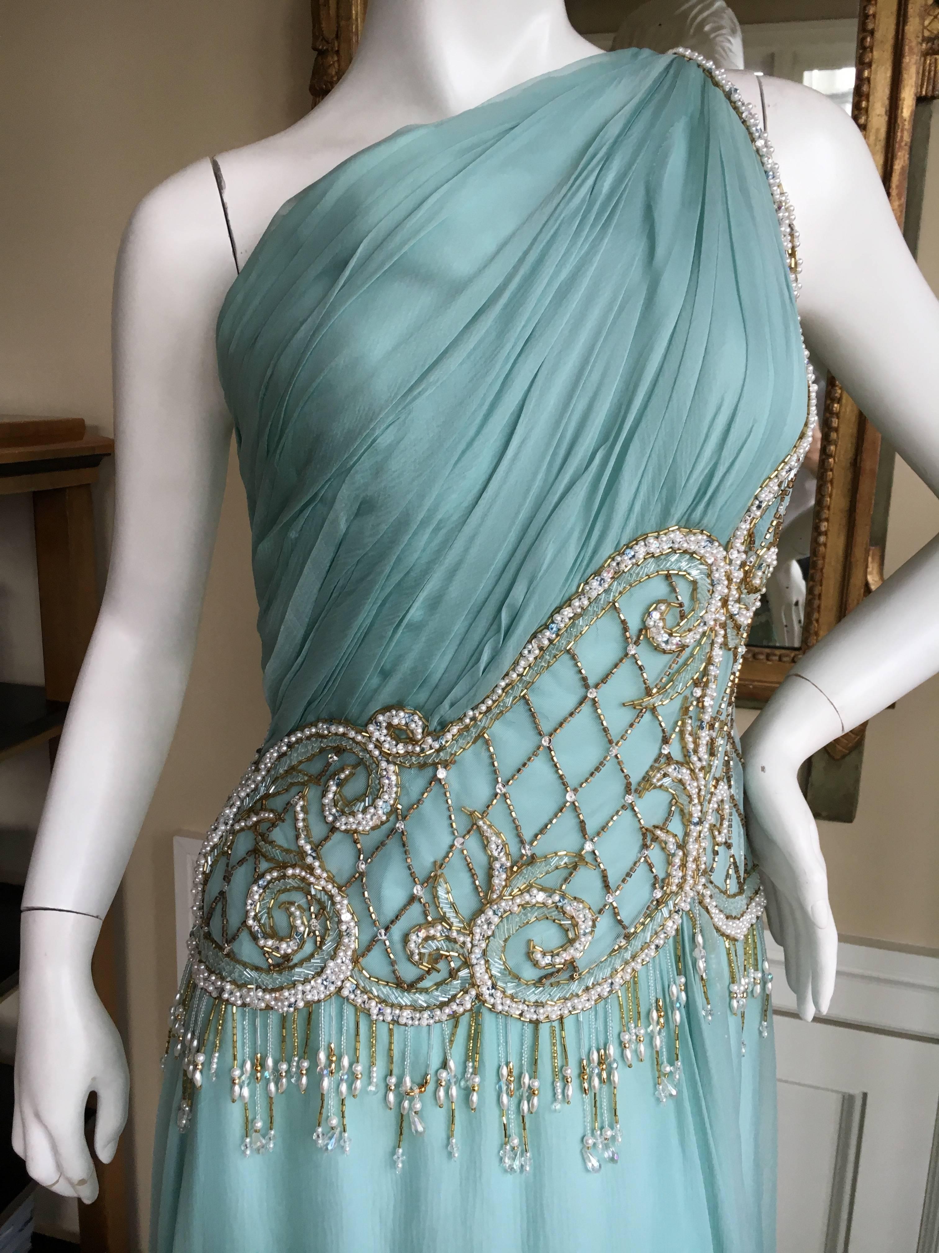 Blue Bob Mackie One Shoulder Turquoise Goddess Gown with Fringe Pearl Embellishment