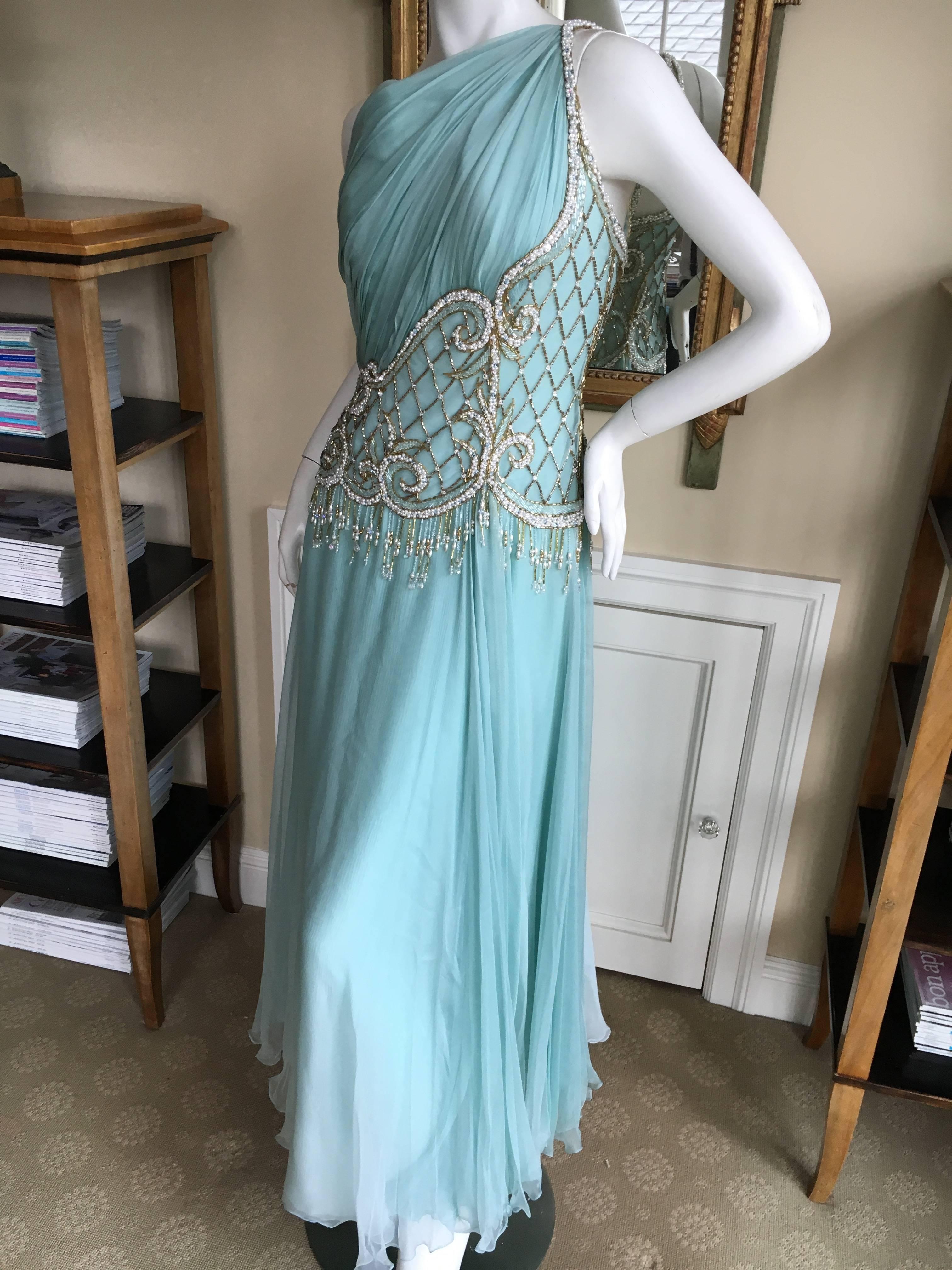 Bob Mackie One Shoulder Turquoise Goddess Gown with Fringe Pearl Embellishment In Excellent Condition In Cloverdale, CA