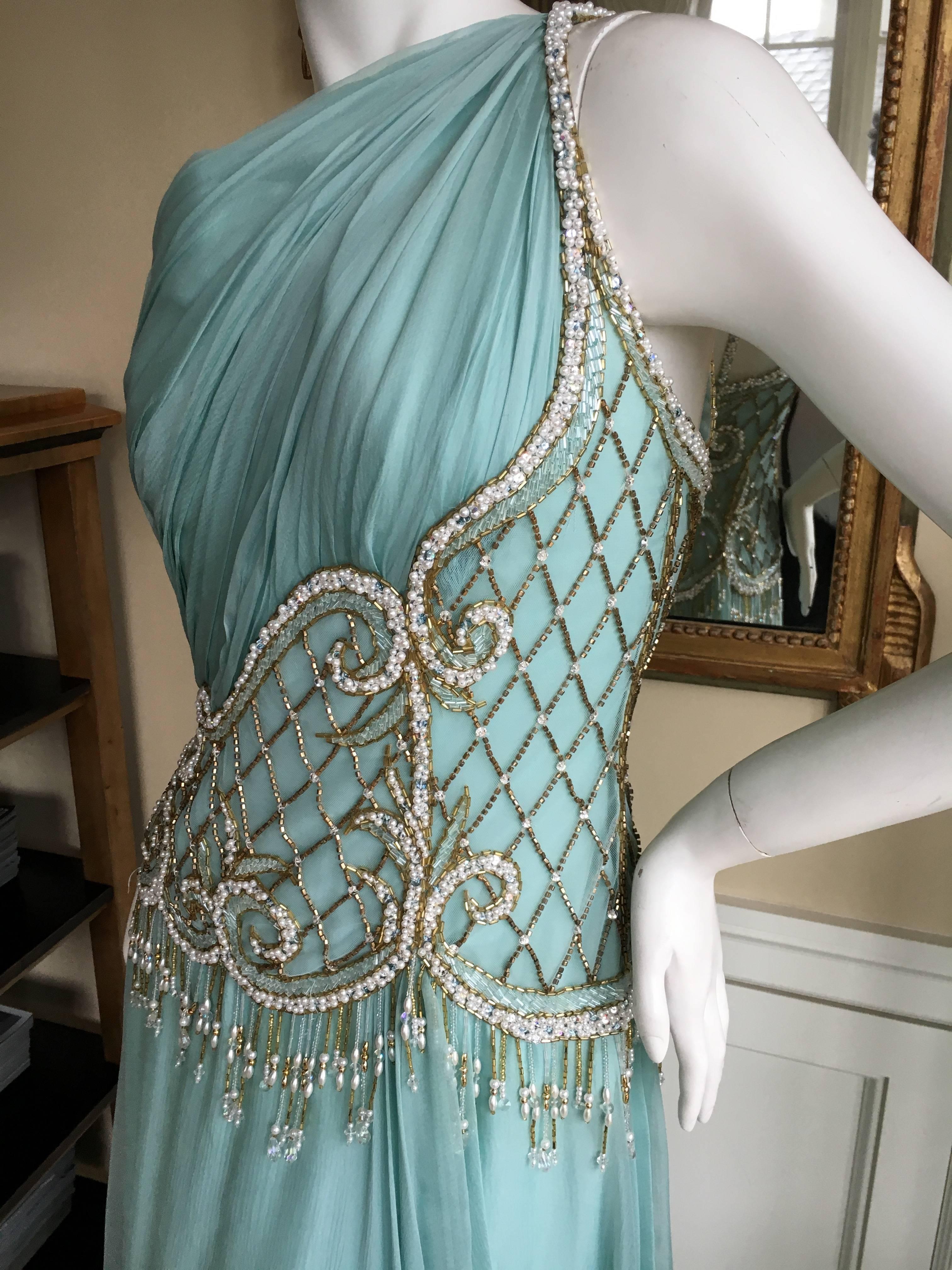 Women's Bob Mackie One Shoulder Turquoise Goddess Gown with Fringe Pearl Embellishment