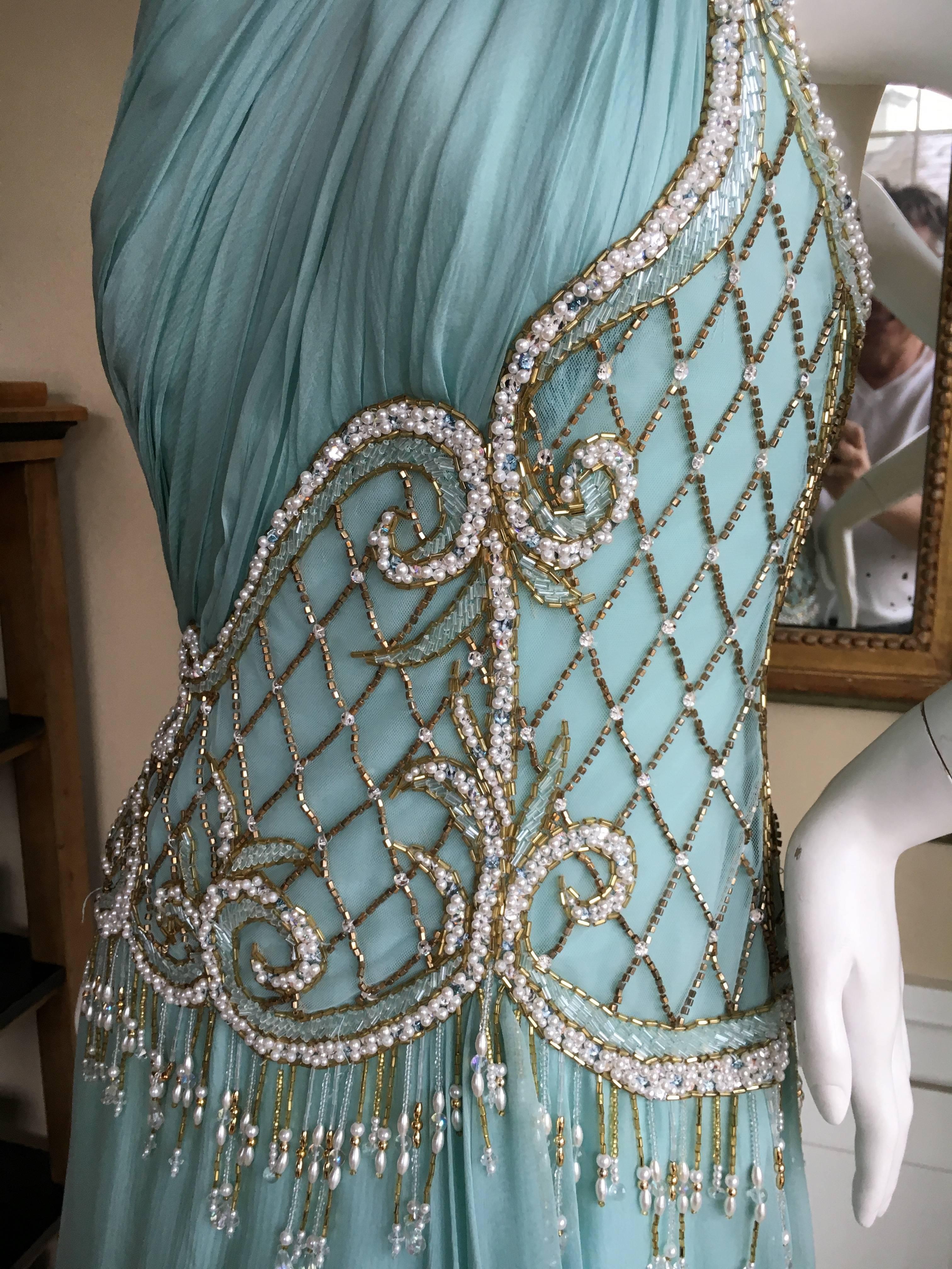 Bob Mackie One Shoulder Turquoise Goddess Gown with Fringe Pearl Embellishment 1