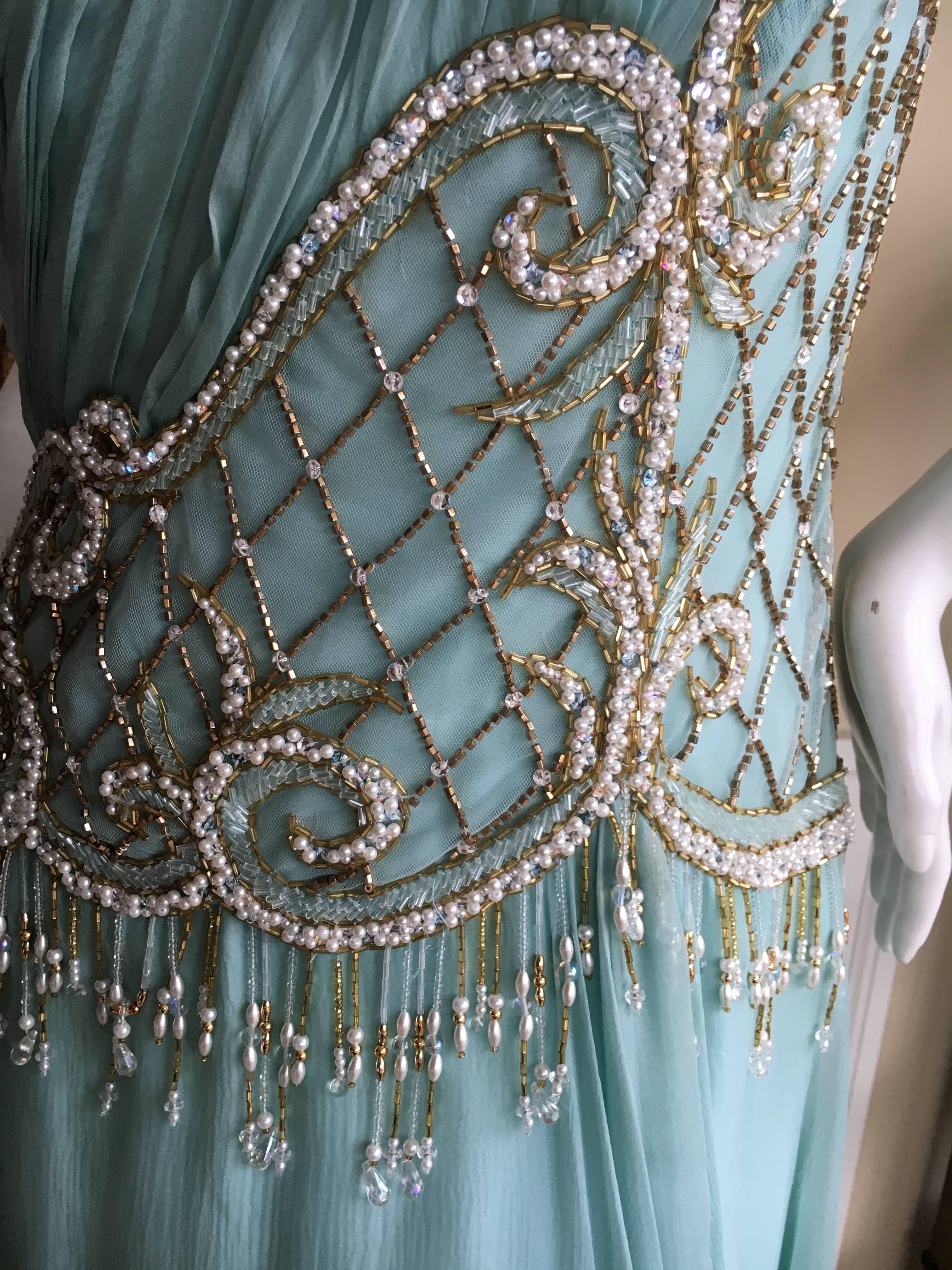 Bob Mackie One Shoulder Turquoise Goddess Gown with Fringe Pearl Embellishment 2
