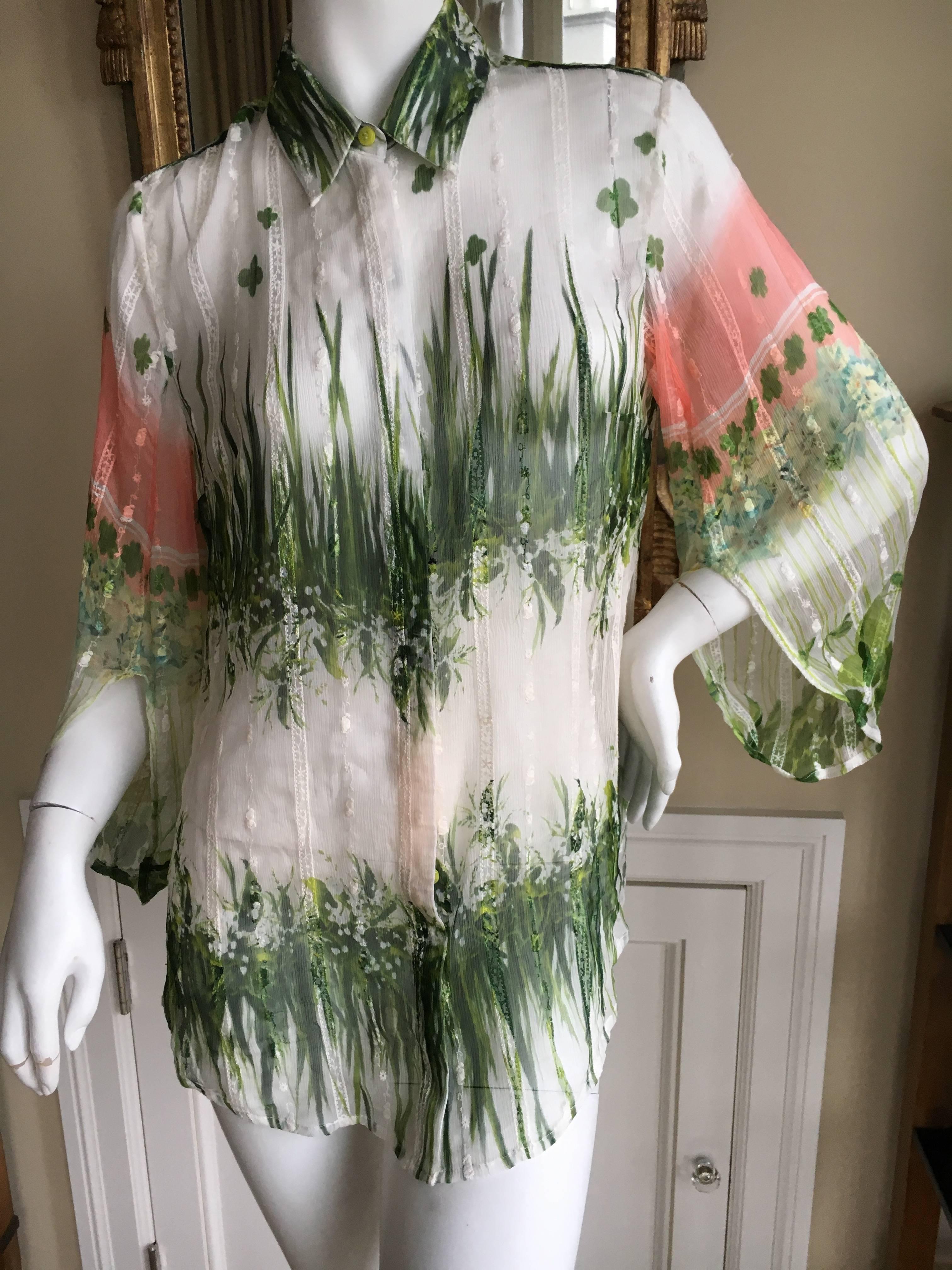 Roberto Cavalli Sheer Lace Trimmed Floral Blouse For Sale 2