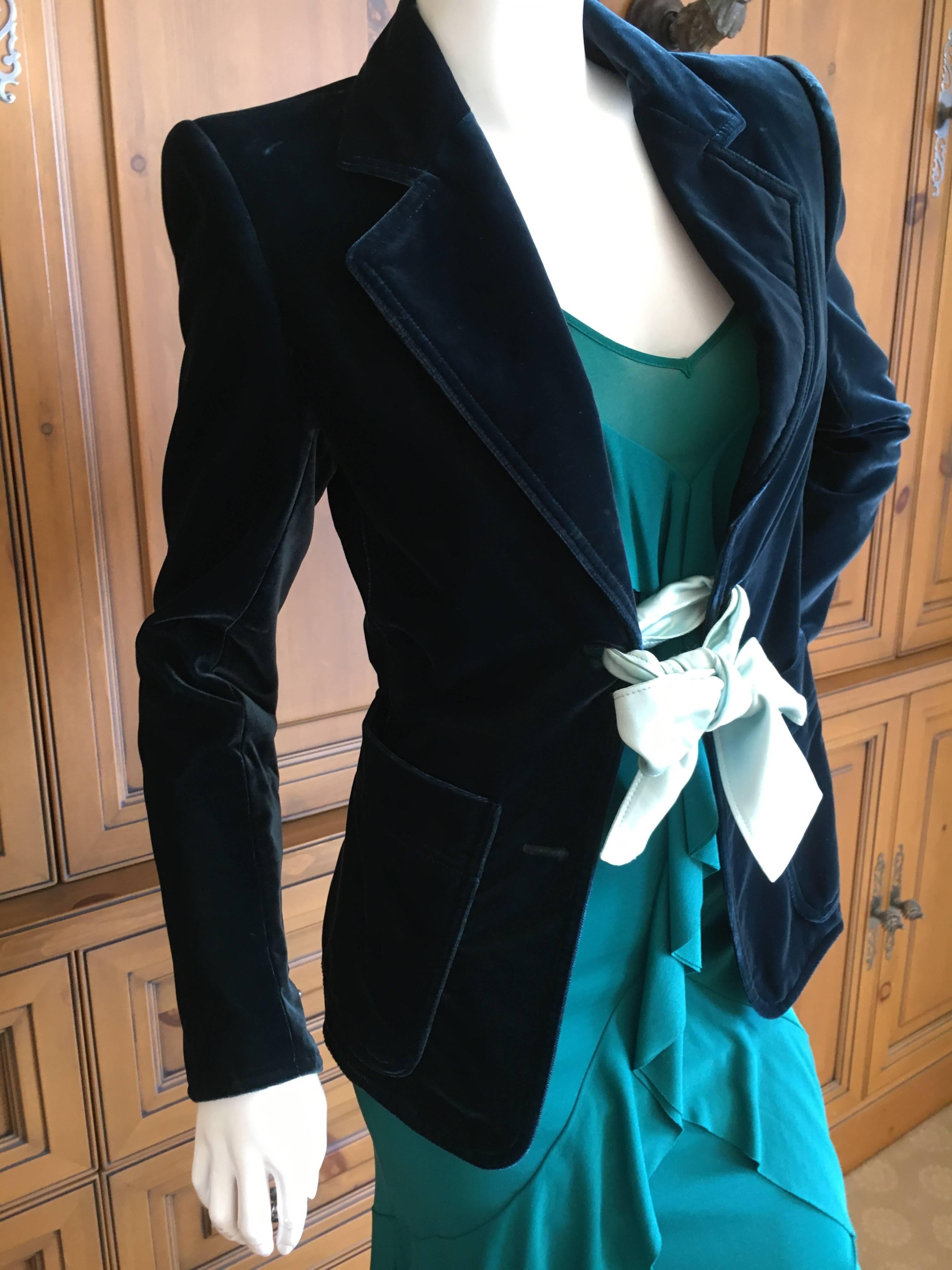 Yves Saint Laurent Tom Ford Fall 2003 Look 1 Green Ruffle Dress & Velvet Jacket In Excellent Condition In Cloverdale, CA