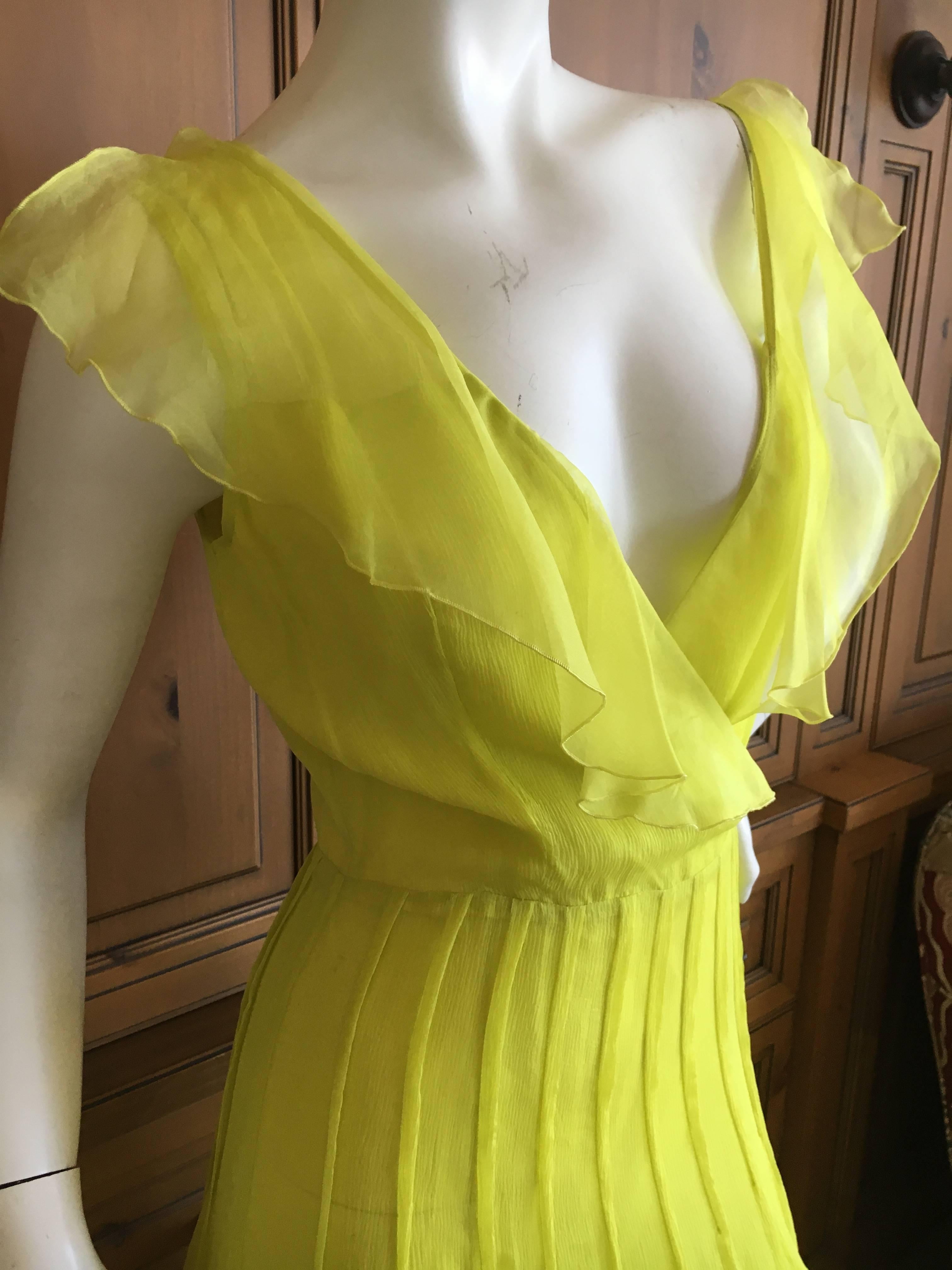 Yellow Oscar de la Renta Neon Green Silk Chiffon Low Cut Dress For Sale