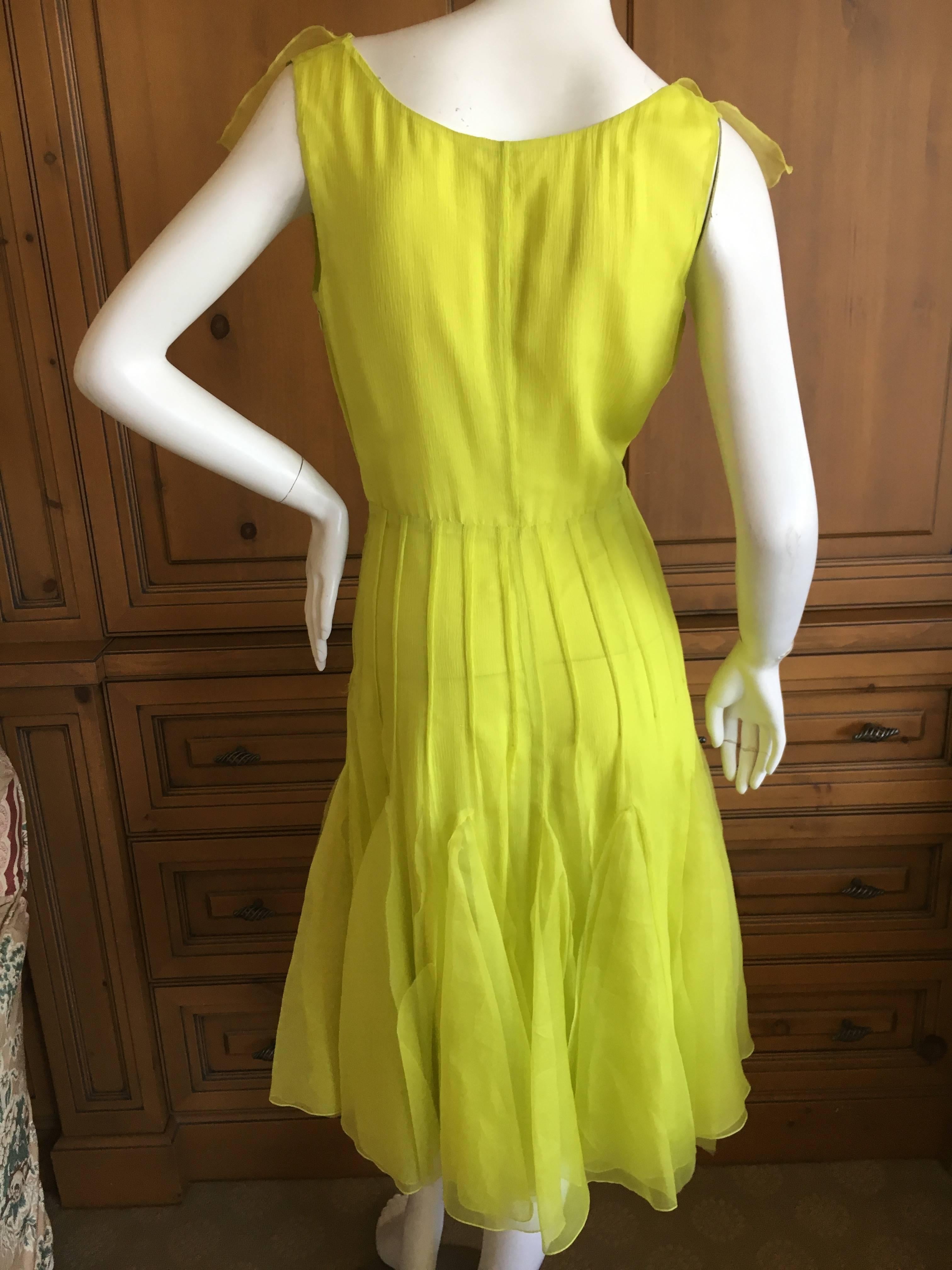 Oscar de la Renta Neon Green Silk Chiffon Low Cut Dress For Sale 1