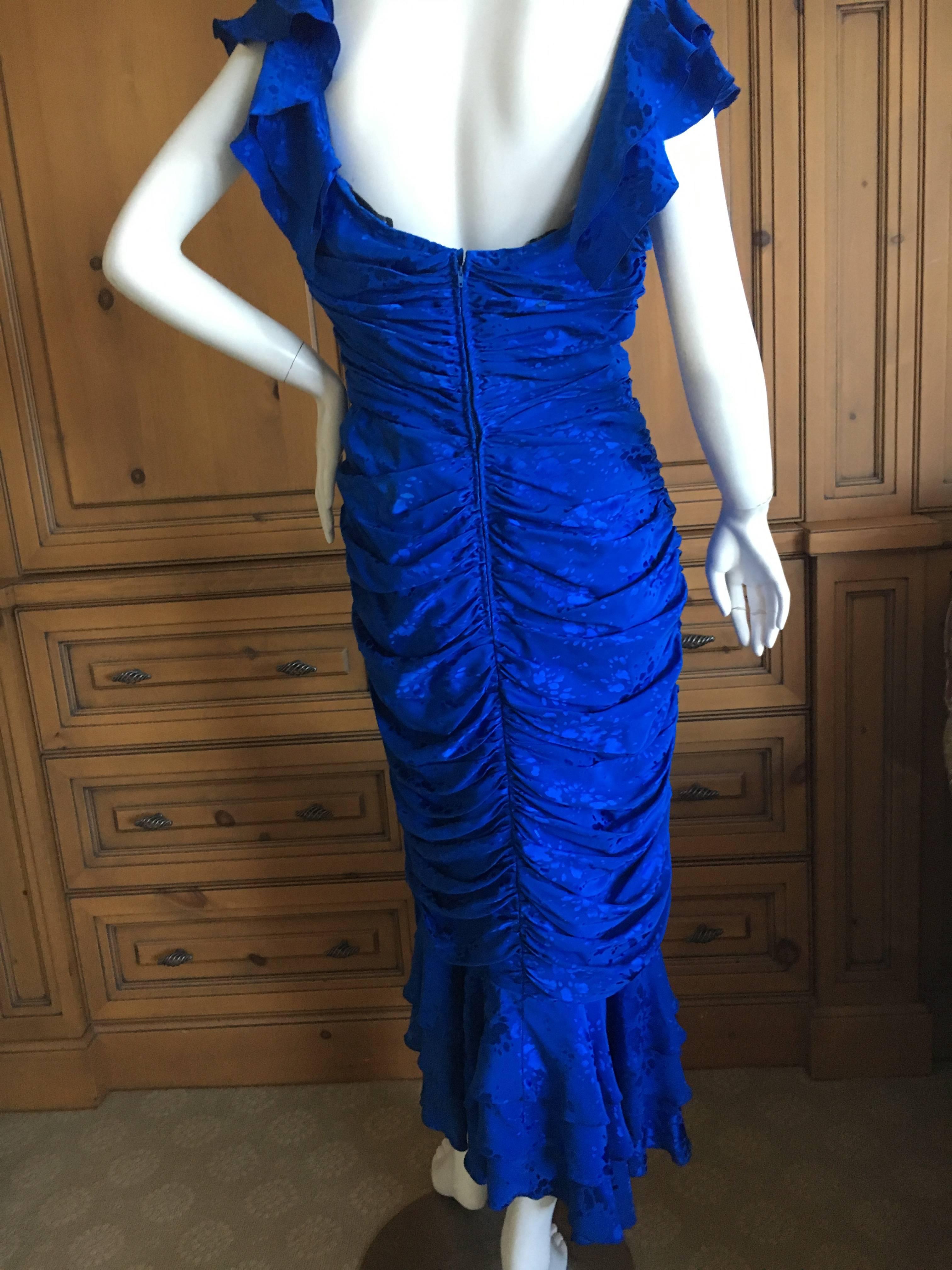 Women's Loris Azzaro Couture 1970's Ruched Blue Silk Evening Dress For Sale