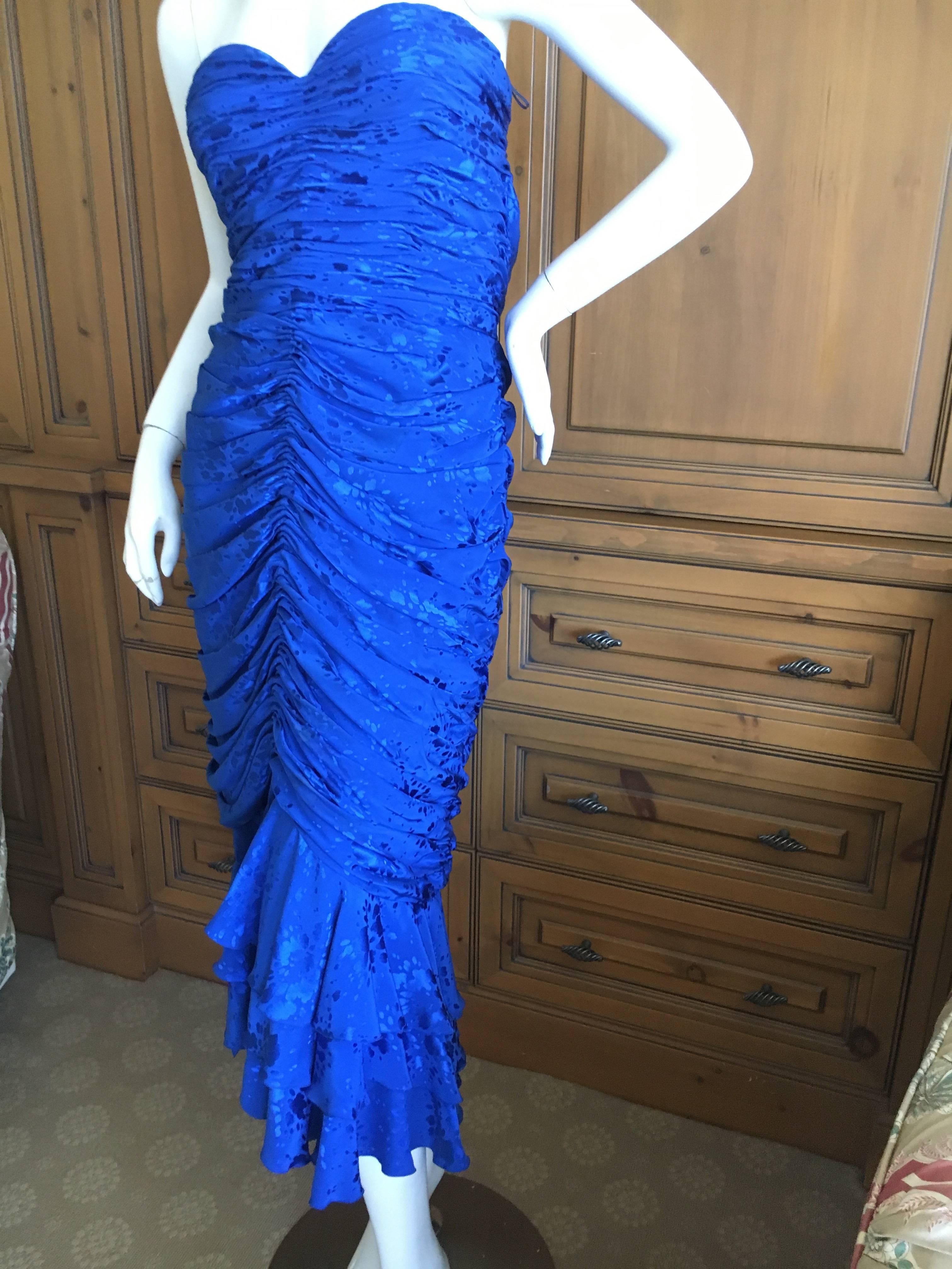 Loris Azzaro Couture 1970's Ruched Blue Silk Evening Dress For Sale 1