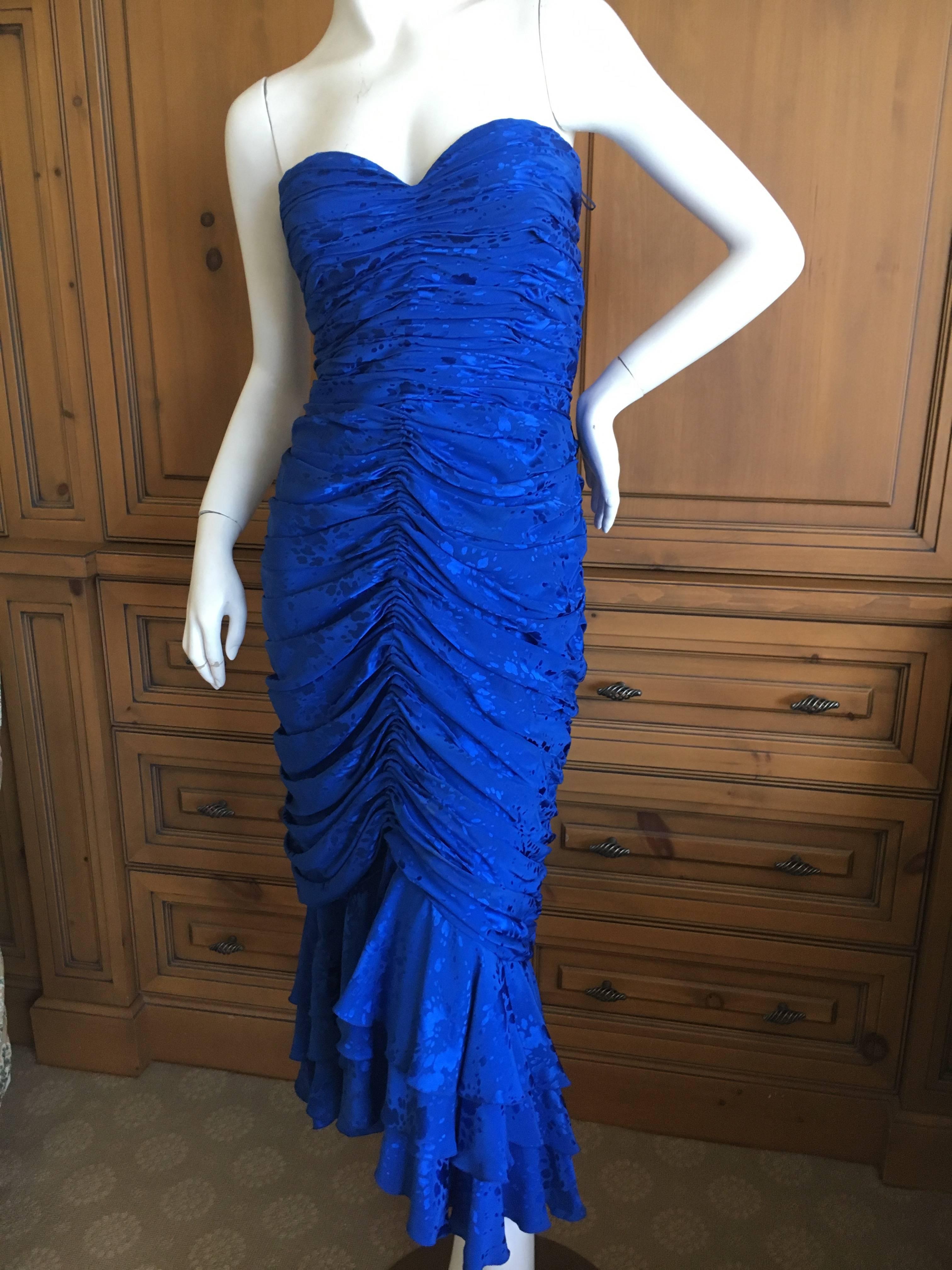 Loris Azzaro Couture 1970's Ruched Blue Silk Evening Dress For Sale 2