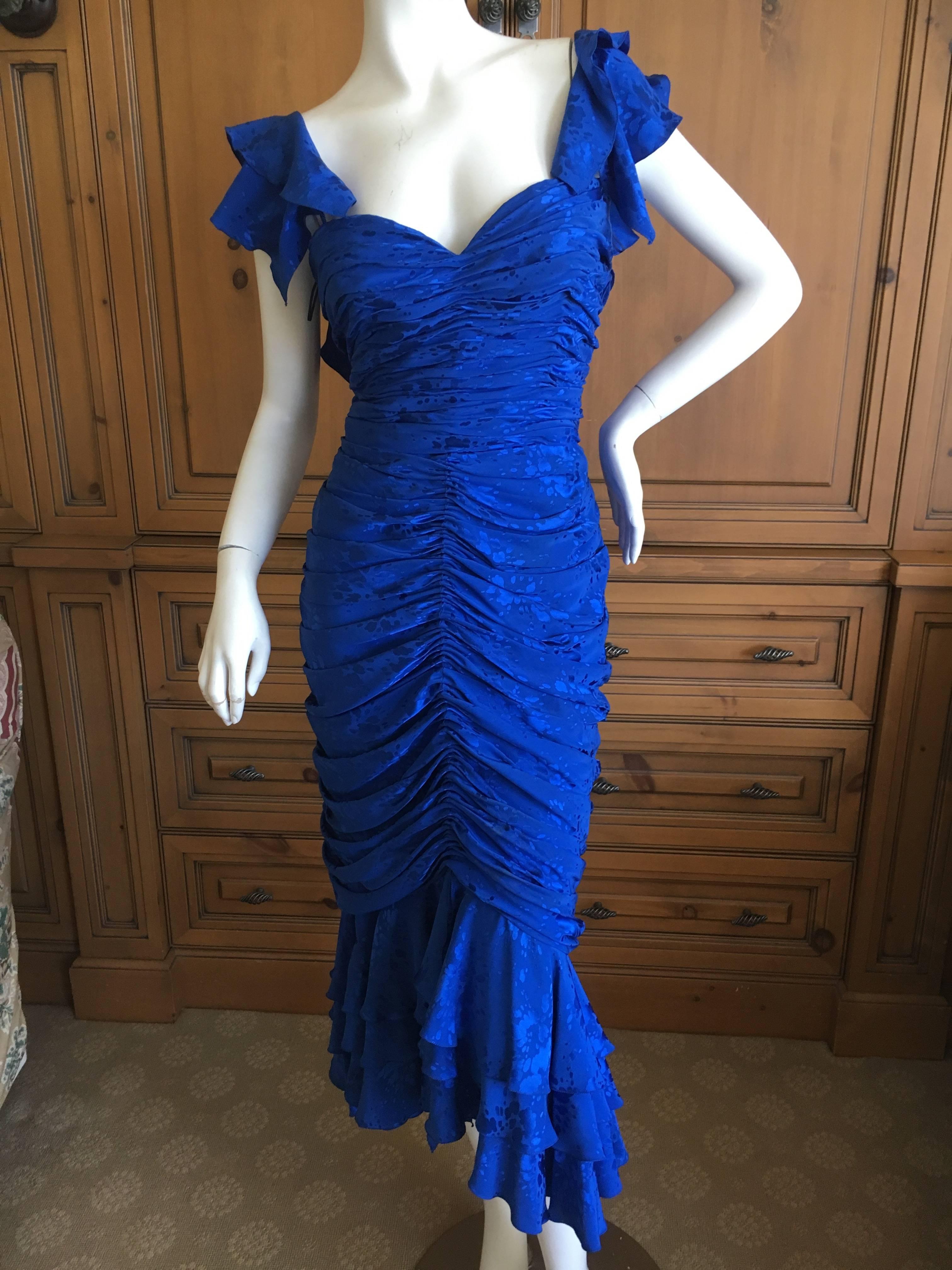 Loris Azzaro Couture 1970's Ruched Blue Silk Evening Dress In Excellent Condition For Sale In Cloverdale, CA