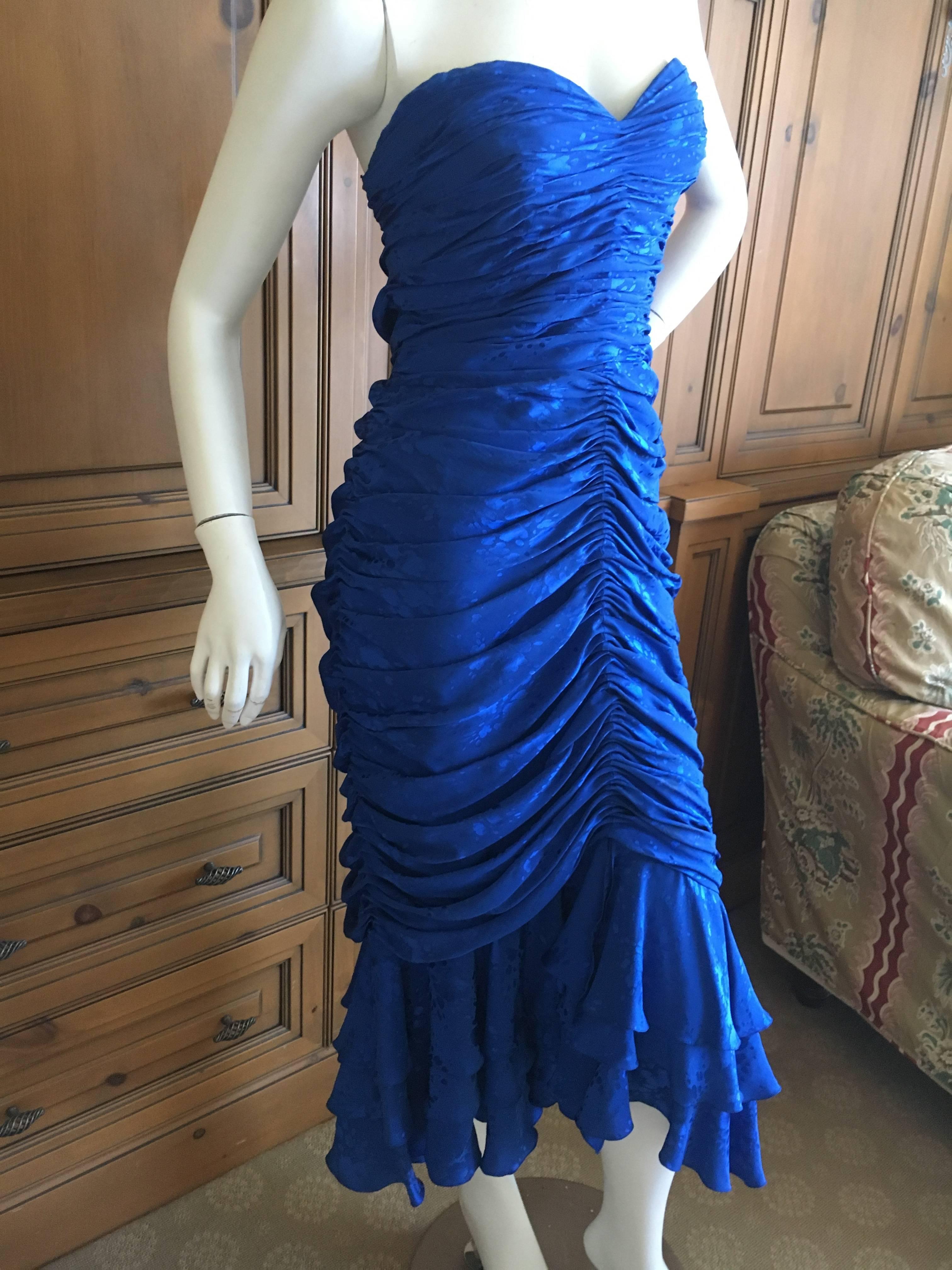 Loris Azzaro Couture 1970's Ruched Blue Silk Evening Dress For Sale 3