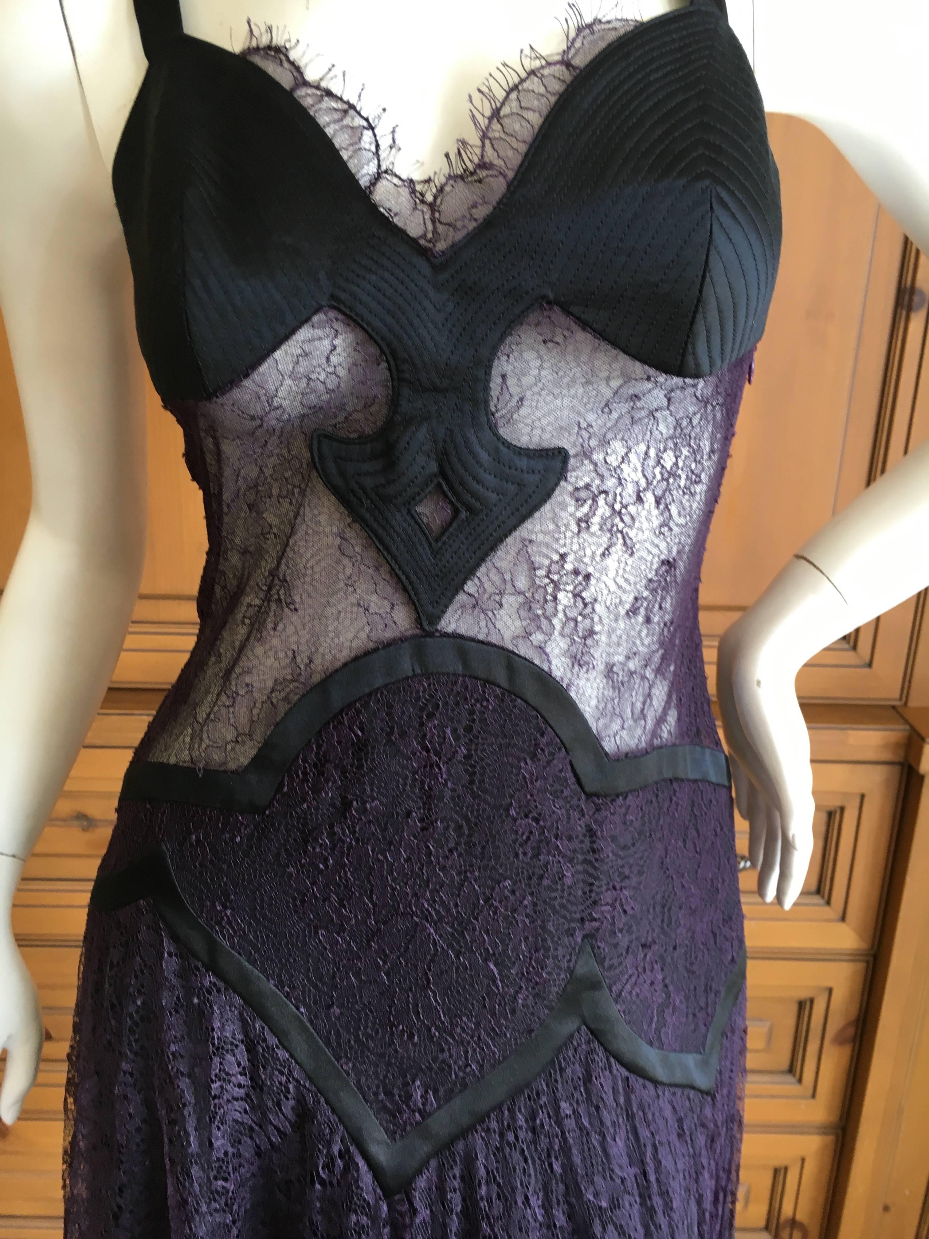 Versace Sheer Lace Accented Purple and Black Quilted Lace Cocktail Dress For Sale 3