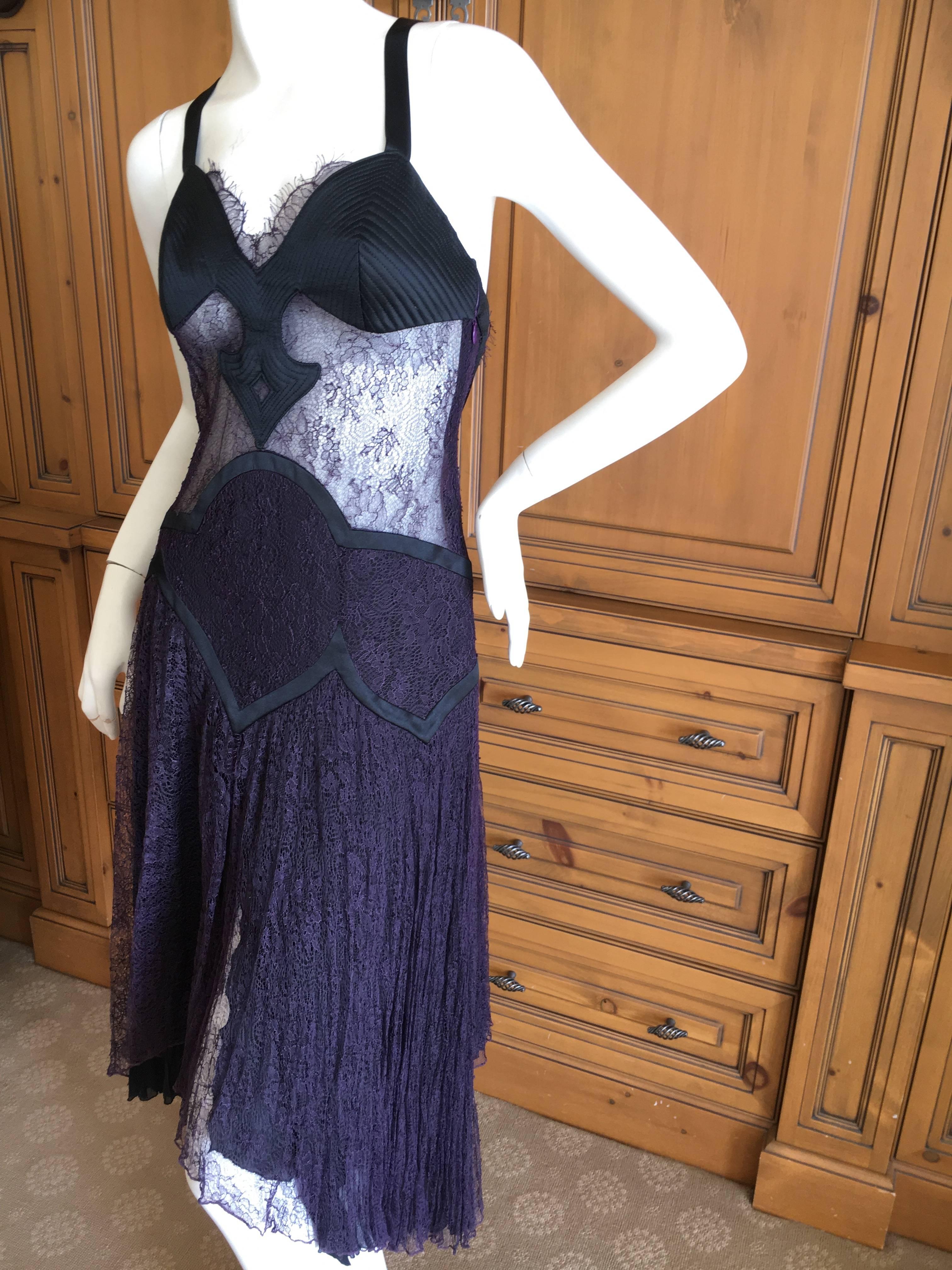 Versace Sheer Lace Accented Purple and Black Quilted Lace Cocktail Dress For Sale 2