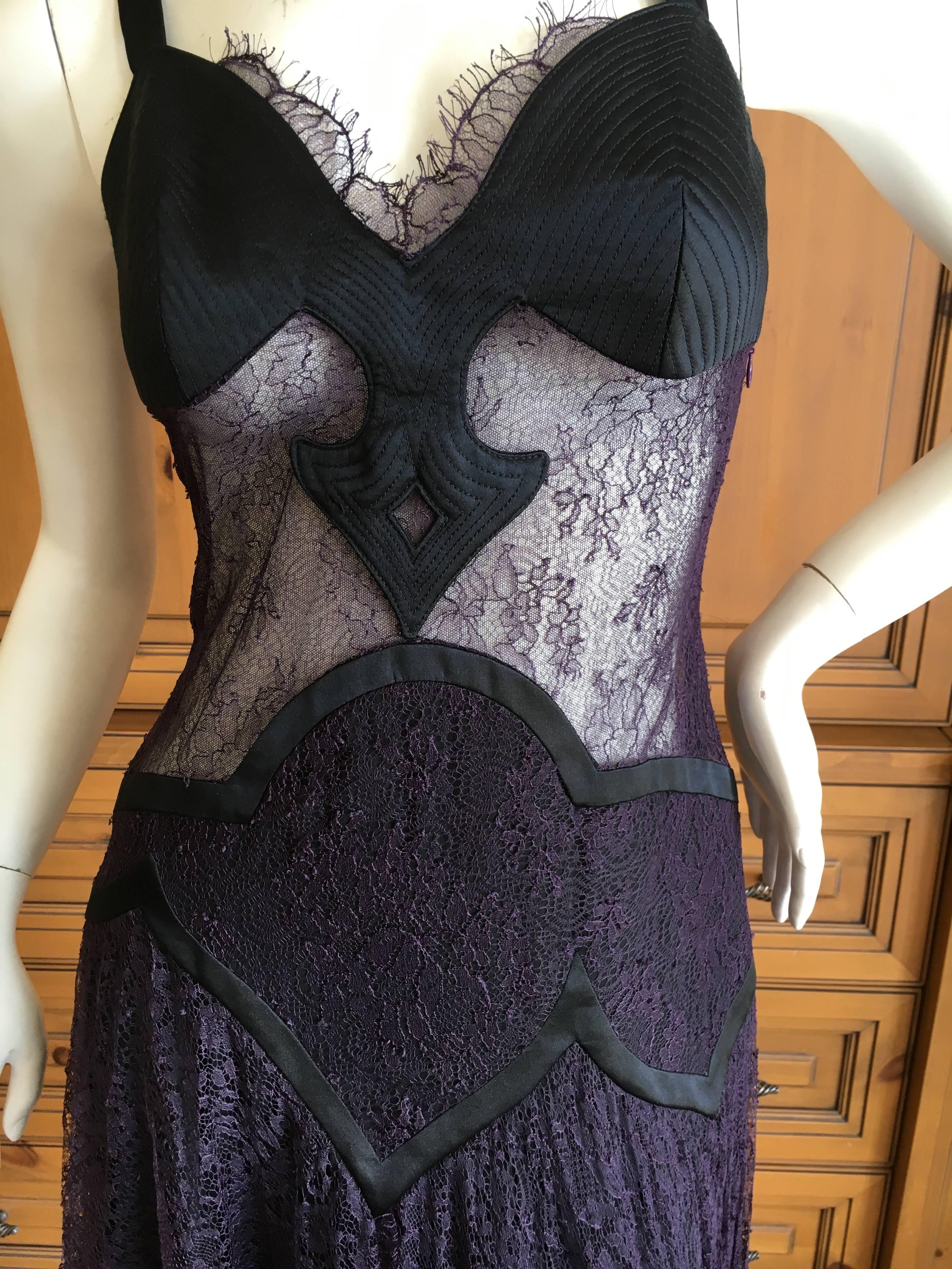 Versace Sheer Lace Accented Purple and Black Quilted Lace Cocktail Dress For Sale 5
