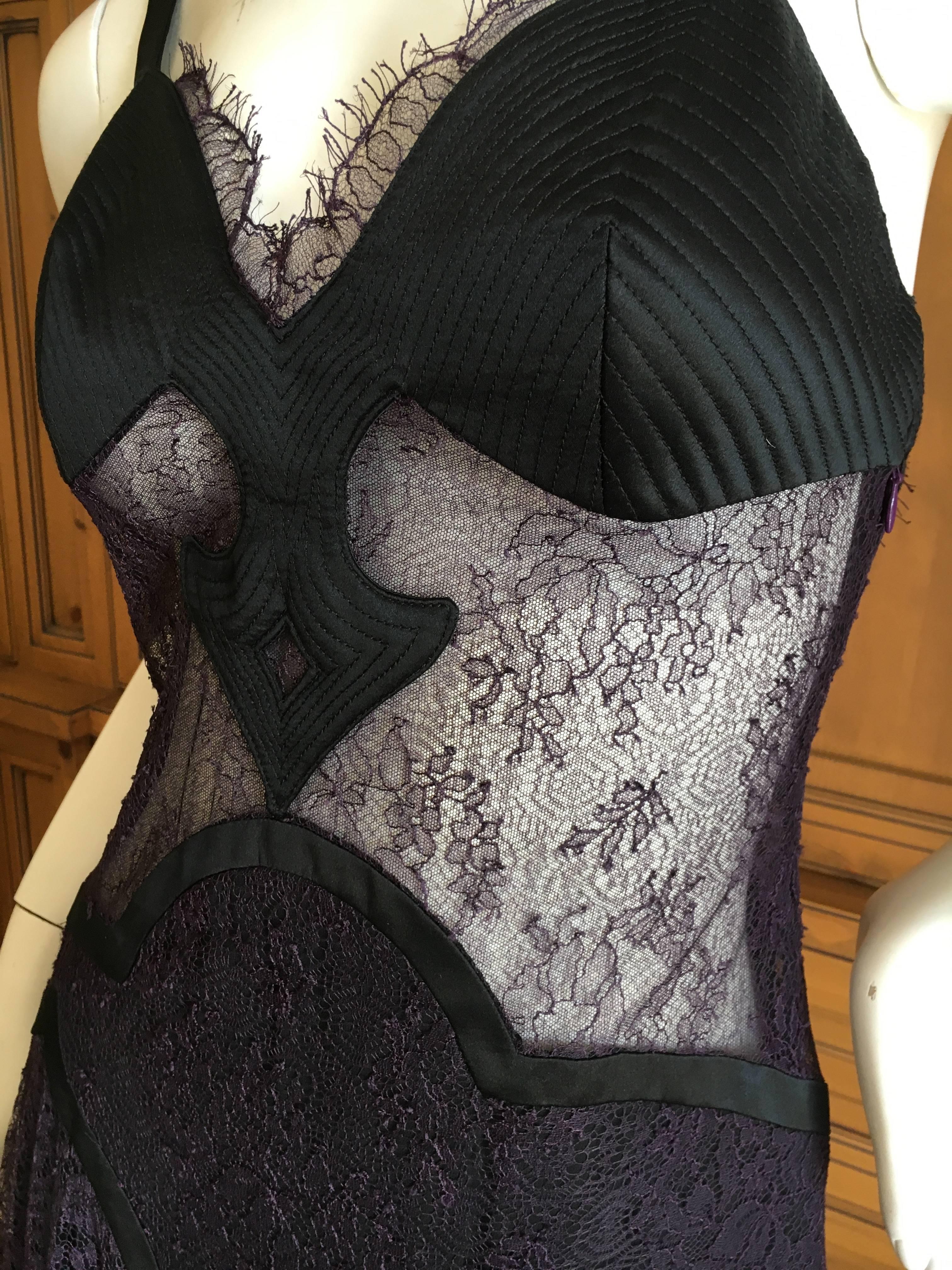 Versace Sheer Lace Accented Purple and Black Quilted Lace Cocktail Dress For Sale 4