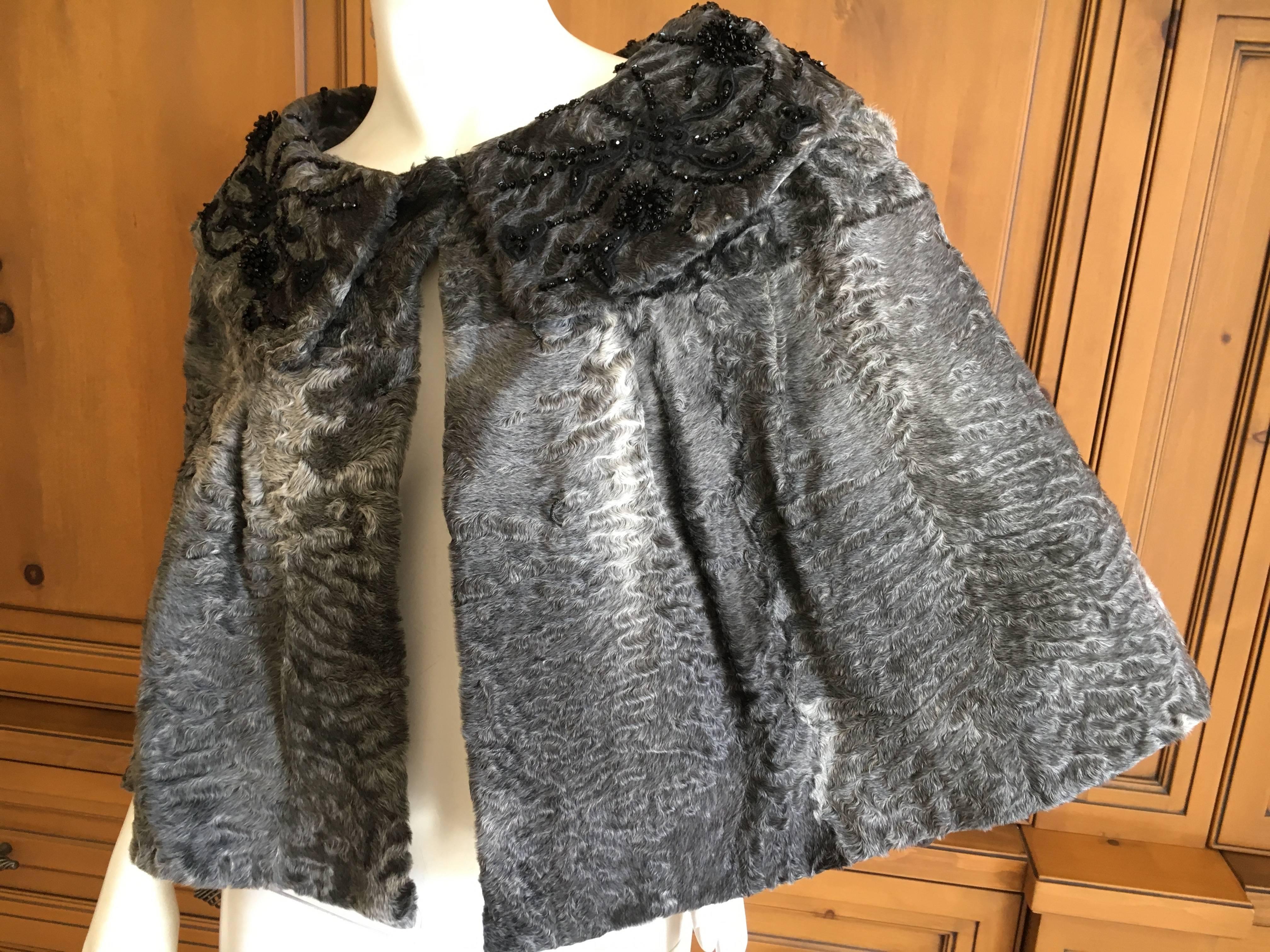 Prada Gray Broadtail Cape with Jet Bead Embellished Collar In New Condition For Sale In Cloverdale, CA