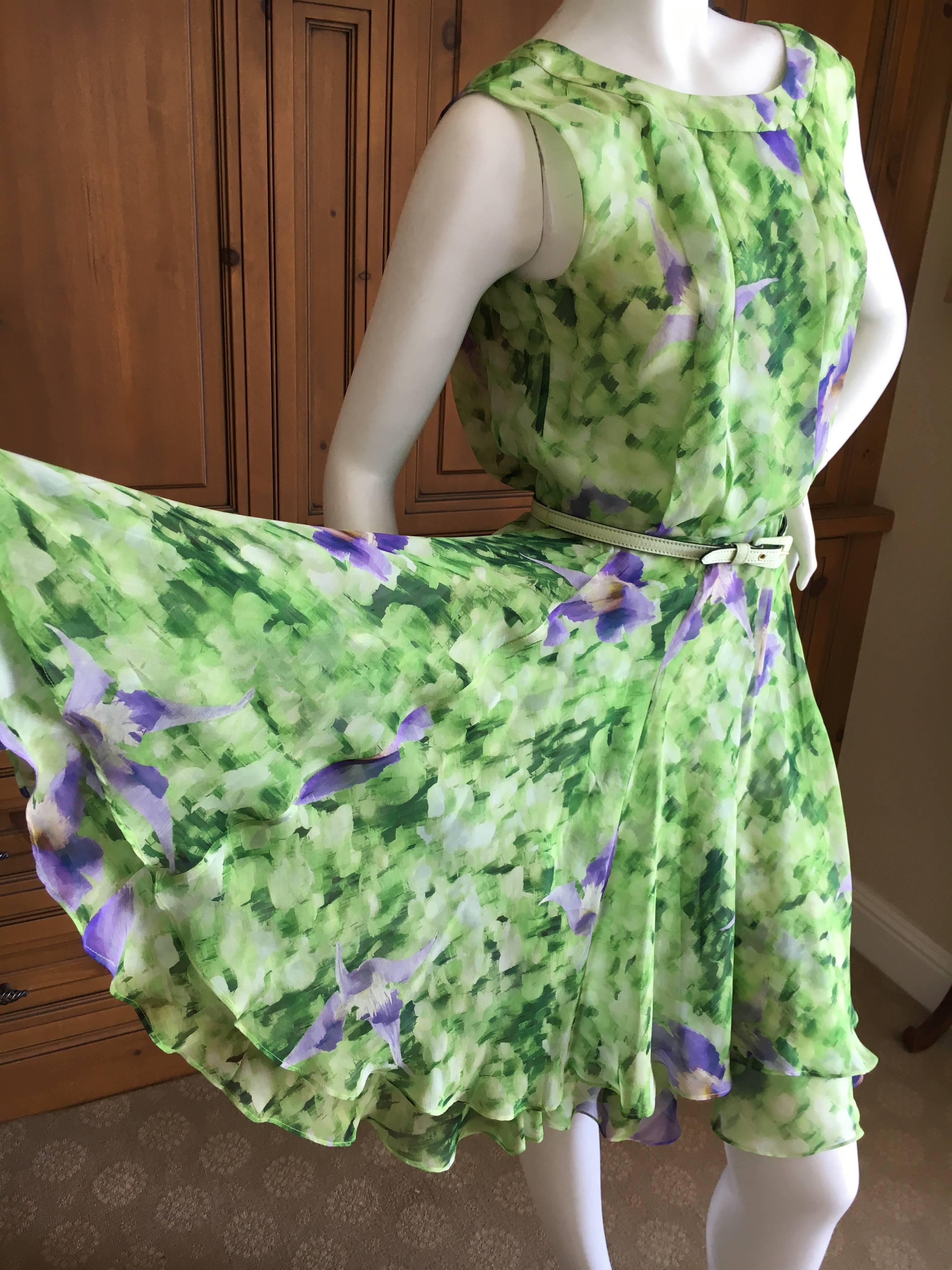 Oscar de la Renta Silk Floral Dress with Belt and Sweater In Excellent Condition For Sale In Cloverdale, CA