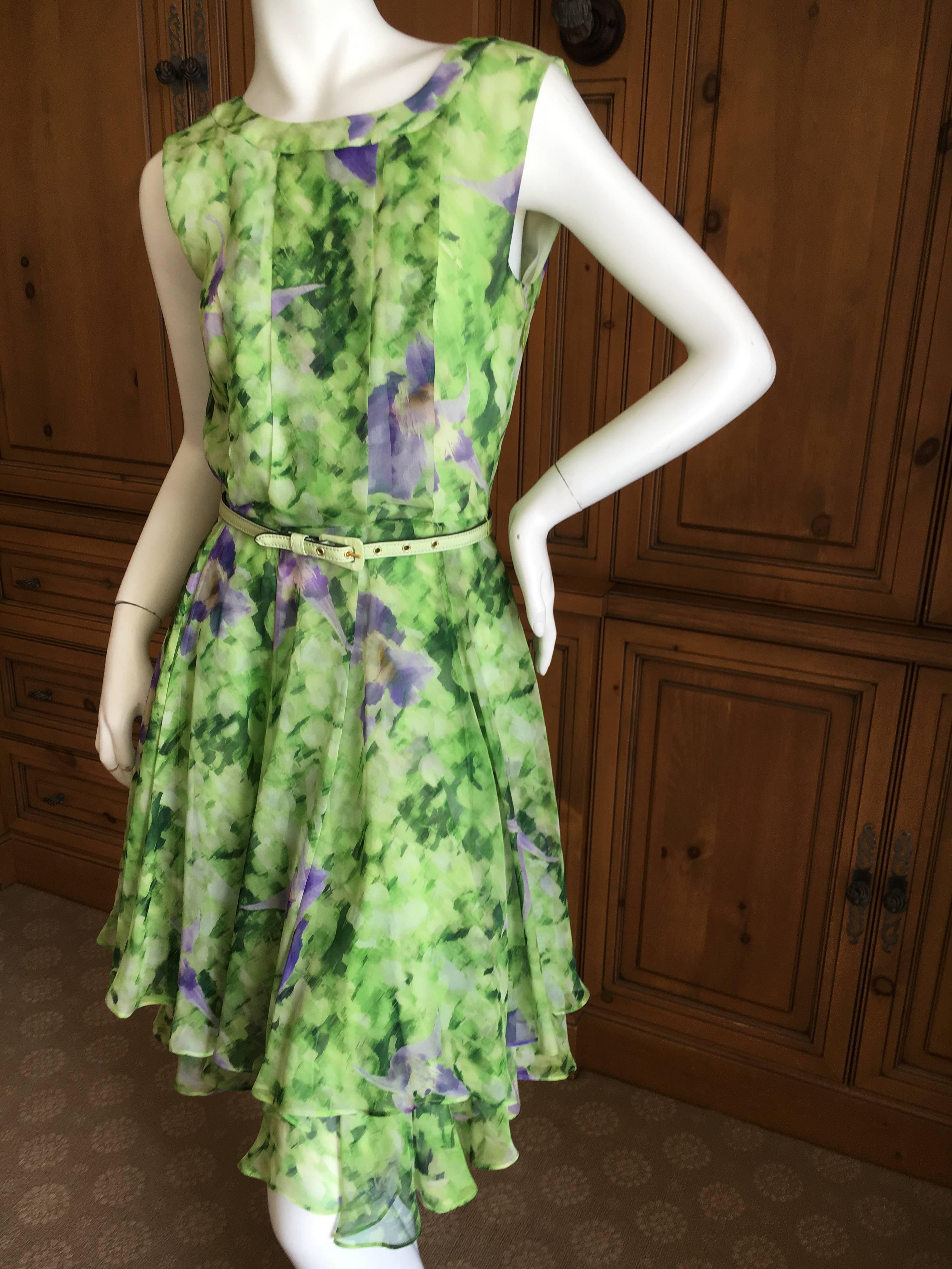 Green Oscar de la Renta Silk Floral Dress with Belt and Sweater For Sale