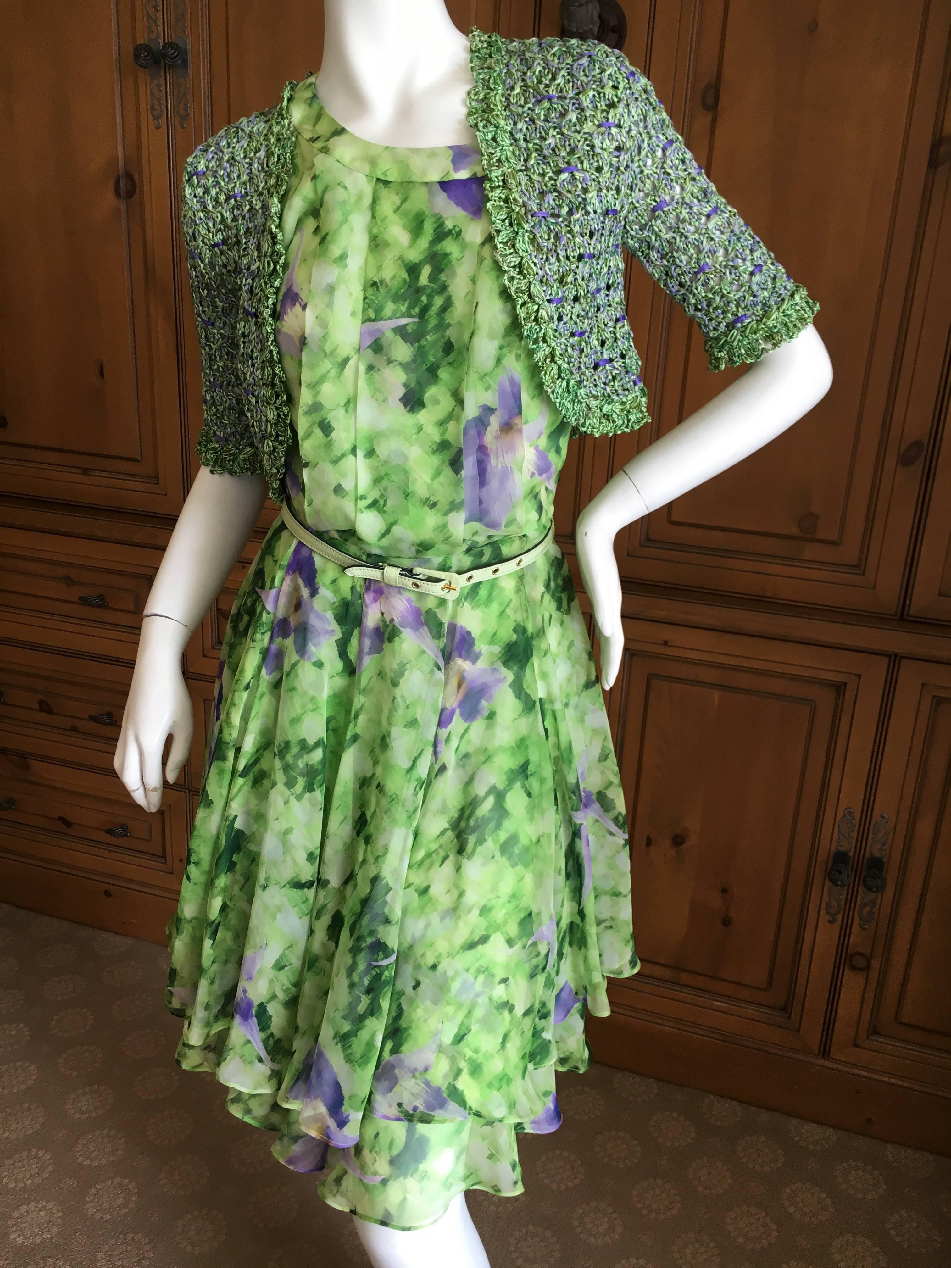 Oscar de la Renta Silk Floral Dress with Belt and Sweater For Sale 1
