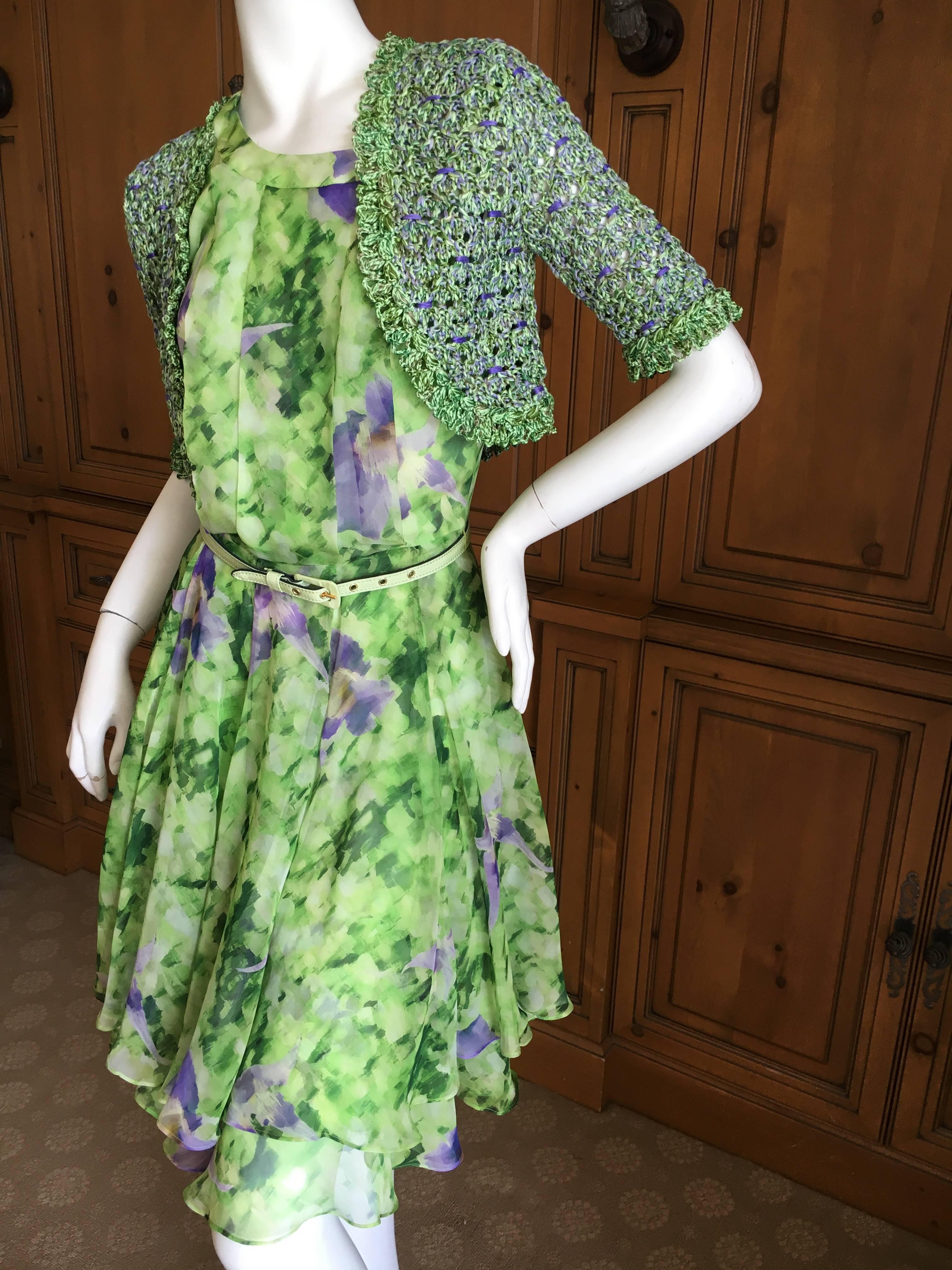Women's Oscar de la Renta Silk Floral Dress with Belt and Sweater For Sale