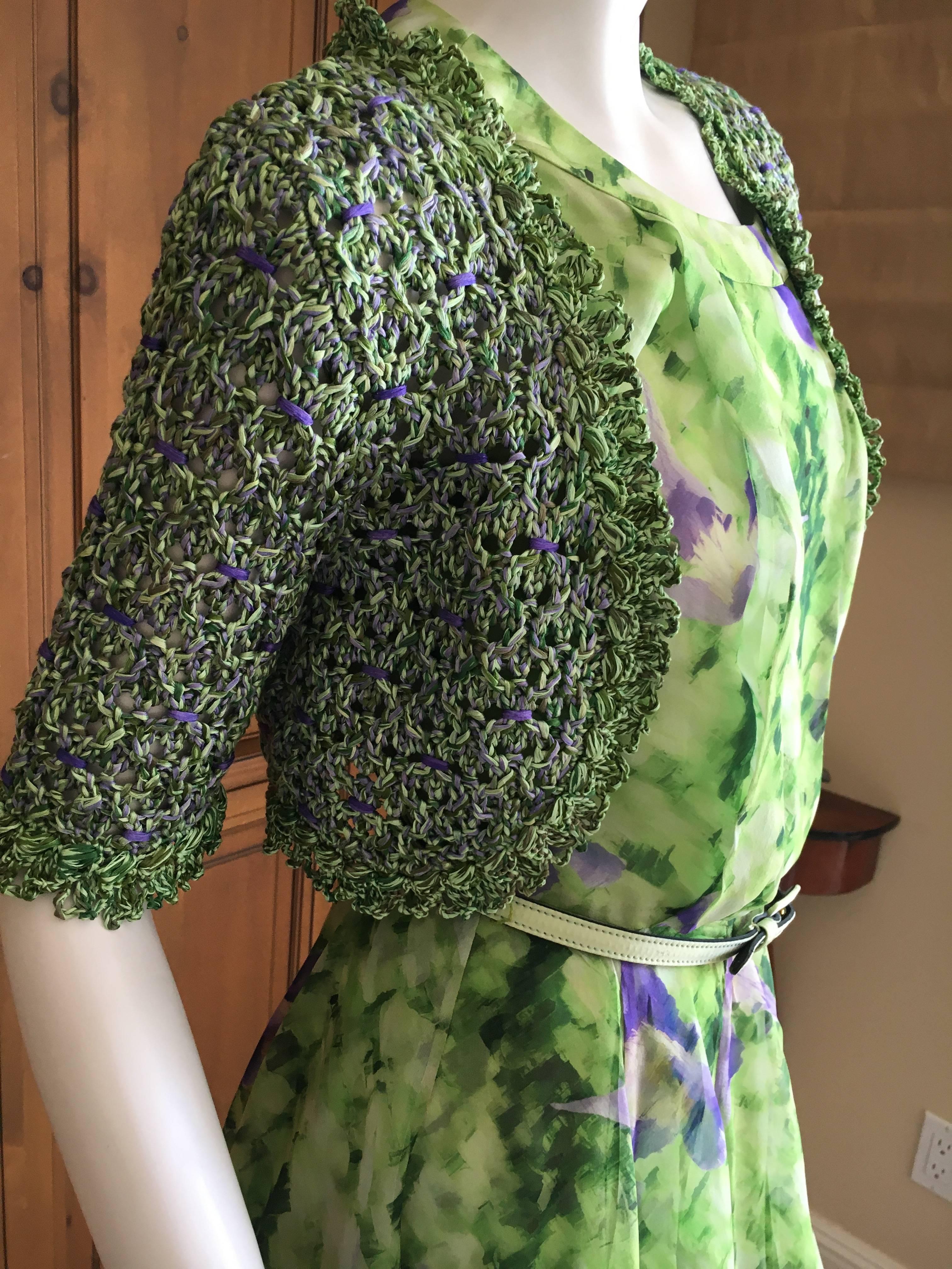 Oscar de la Renta Silk Floral Dress with Belt and Sweater For Sale 3