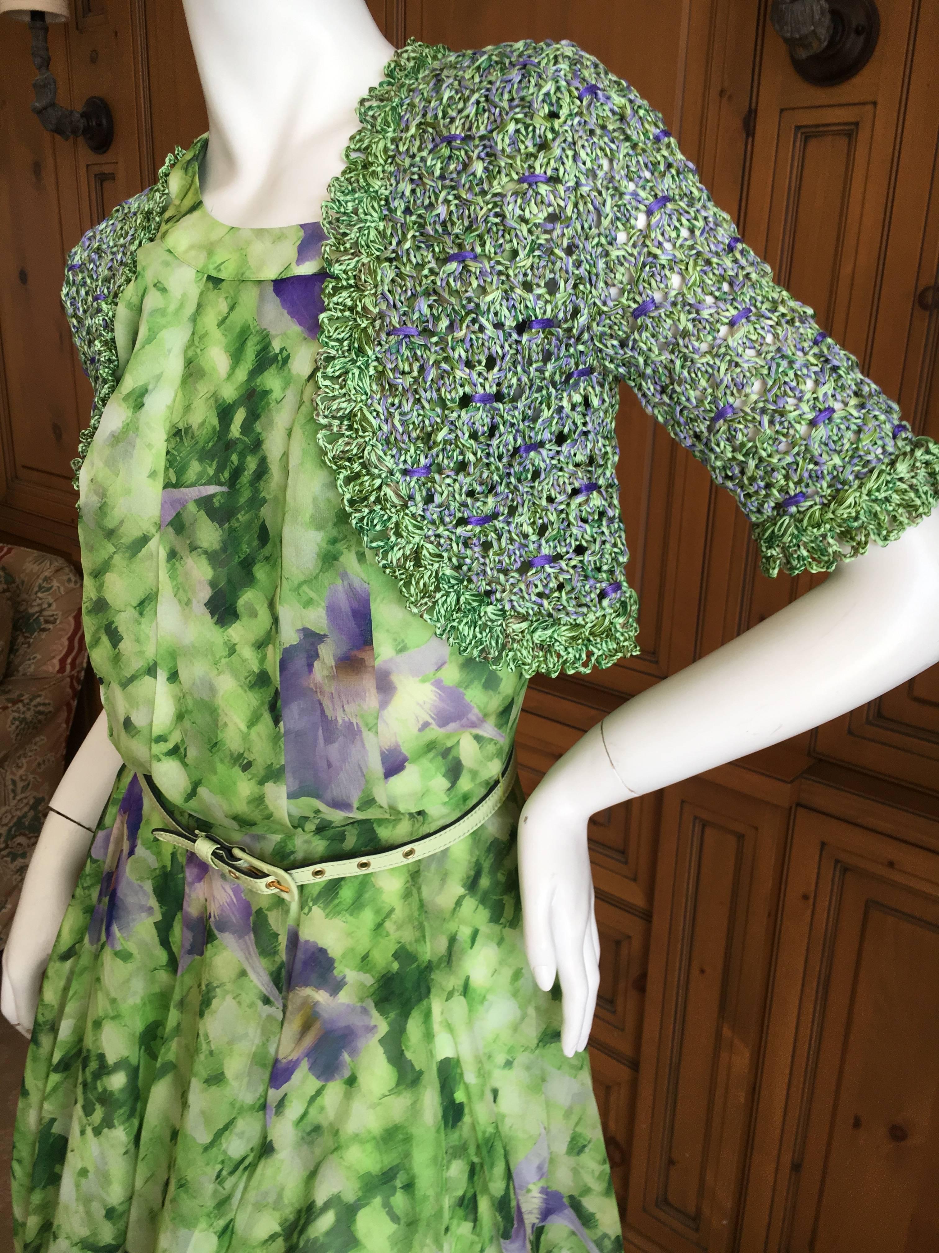 Oscar de la Renta Silk Floral Dress with Belt and Sweater For Sale 2
