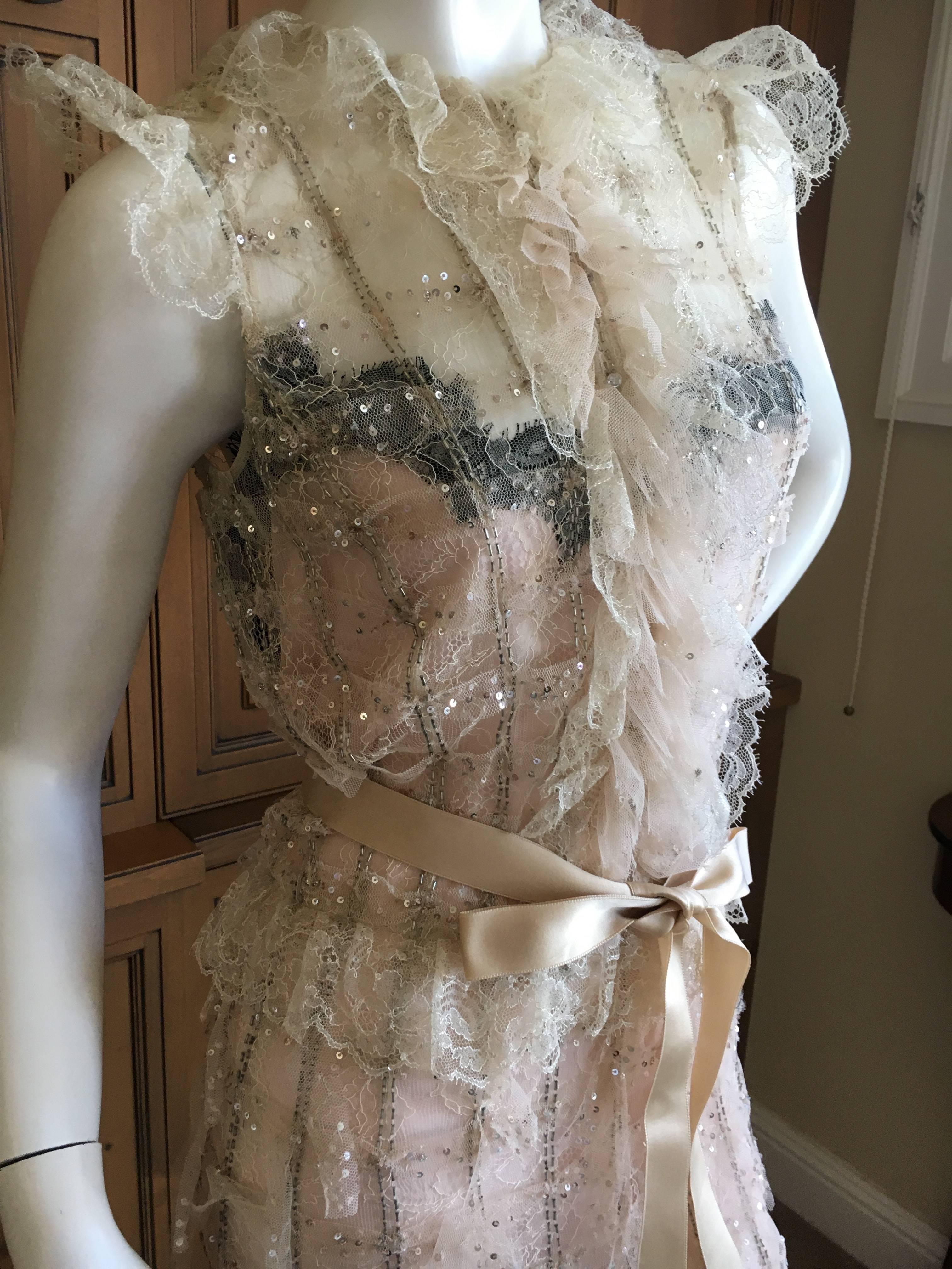 Women's  Oscar de la Renta Sheer Embellished Vintage Tiered Ruffle Trim Evening Dress  For Sale