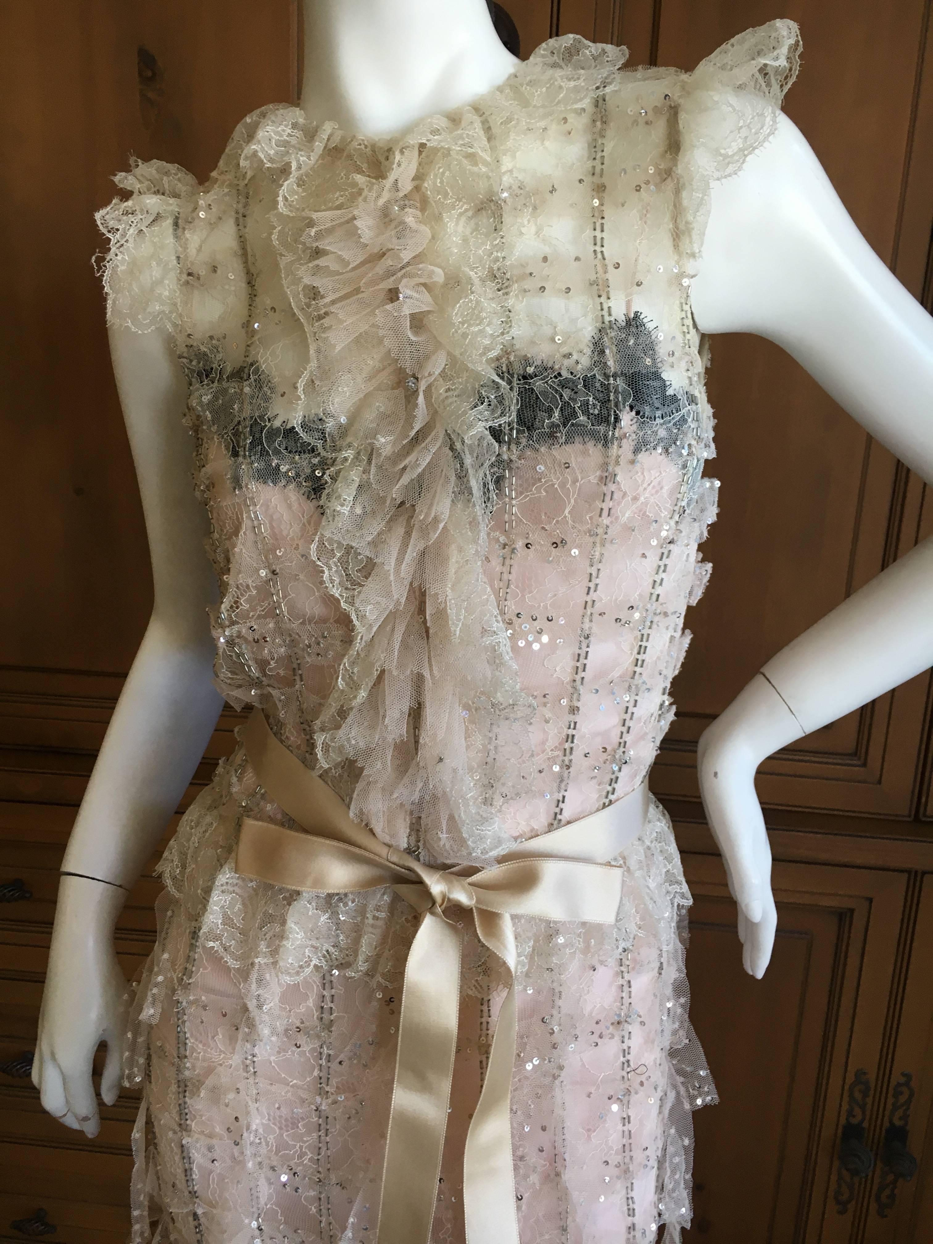  Oscar de la Renta Sheer Embellished Vintage Tiered Ruffle Trim Evening Dress  For Sale 1