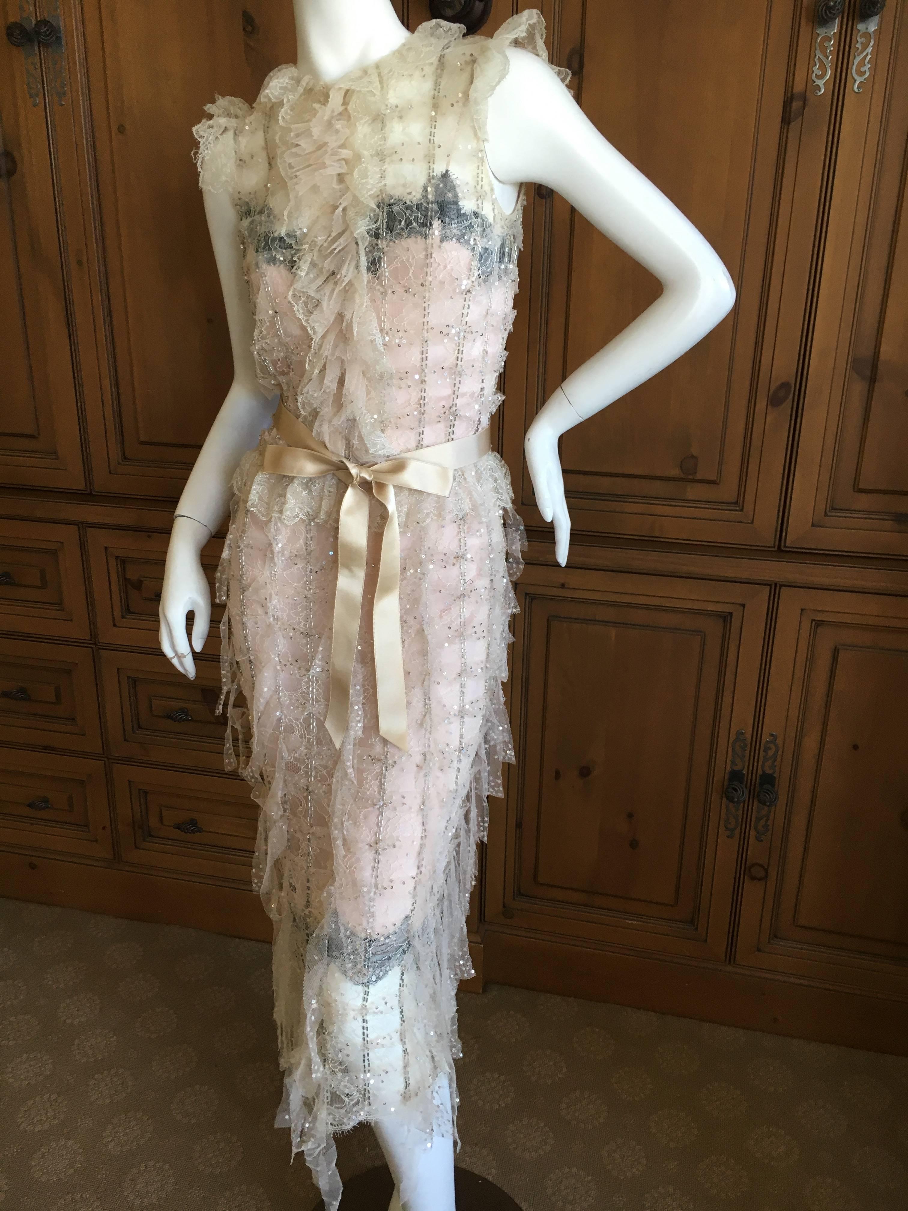  Oscar de la Renta Sheer Embellished Vintage Tiered Ruffle Trim Evening Dress  In Excellent Condition For Sale In Cloverdale, CA