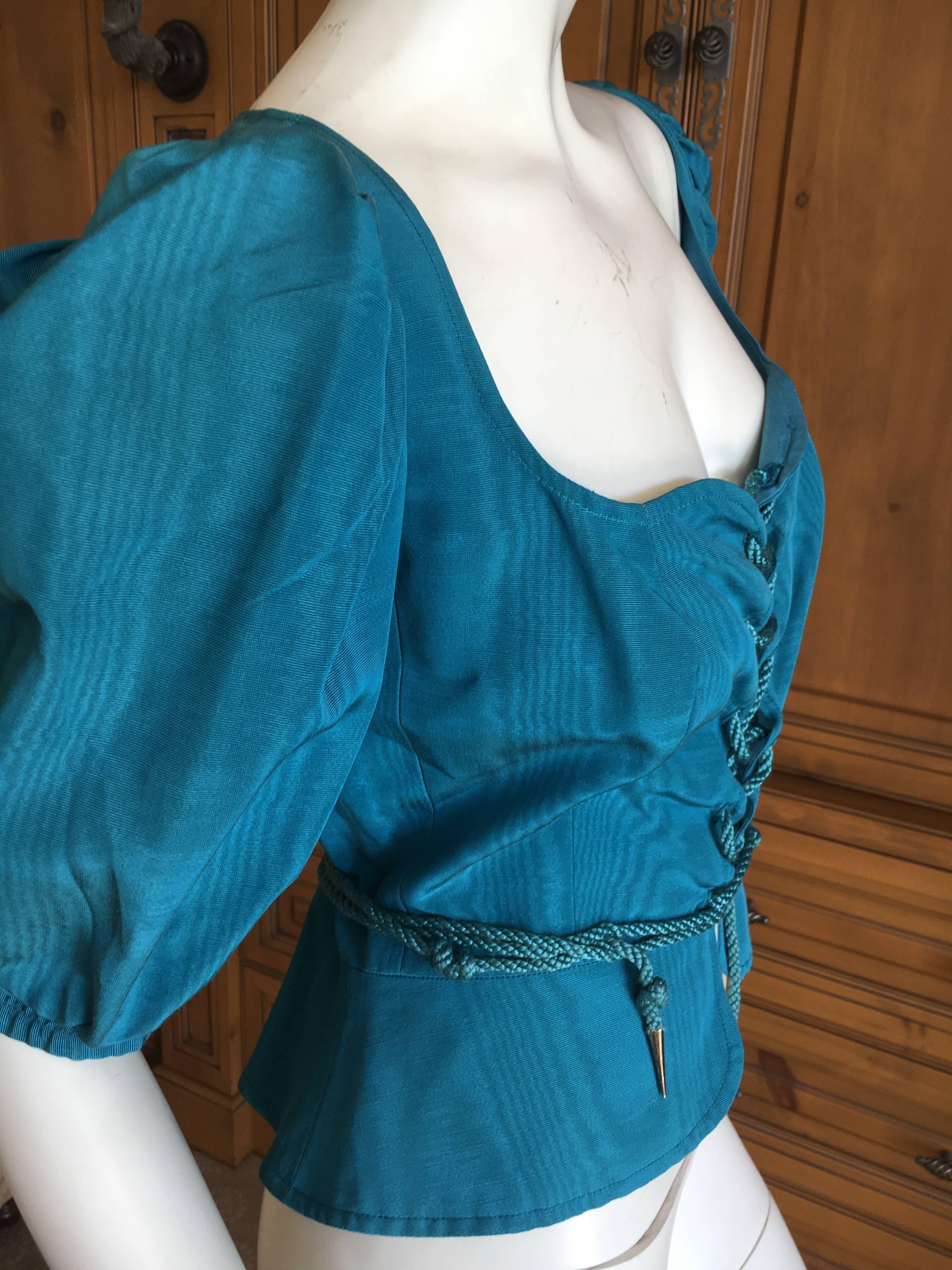 Yves Saint Laurent Rive Gauche 1970's Turquoise Silk Moire Corset Lace Top In Excellent Condition For Sale In Cloverdale, CA