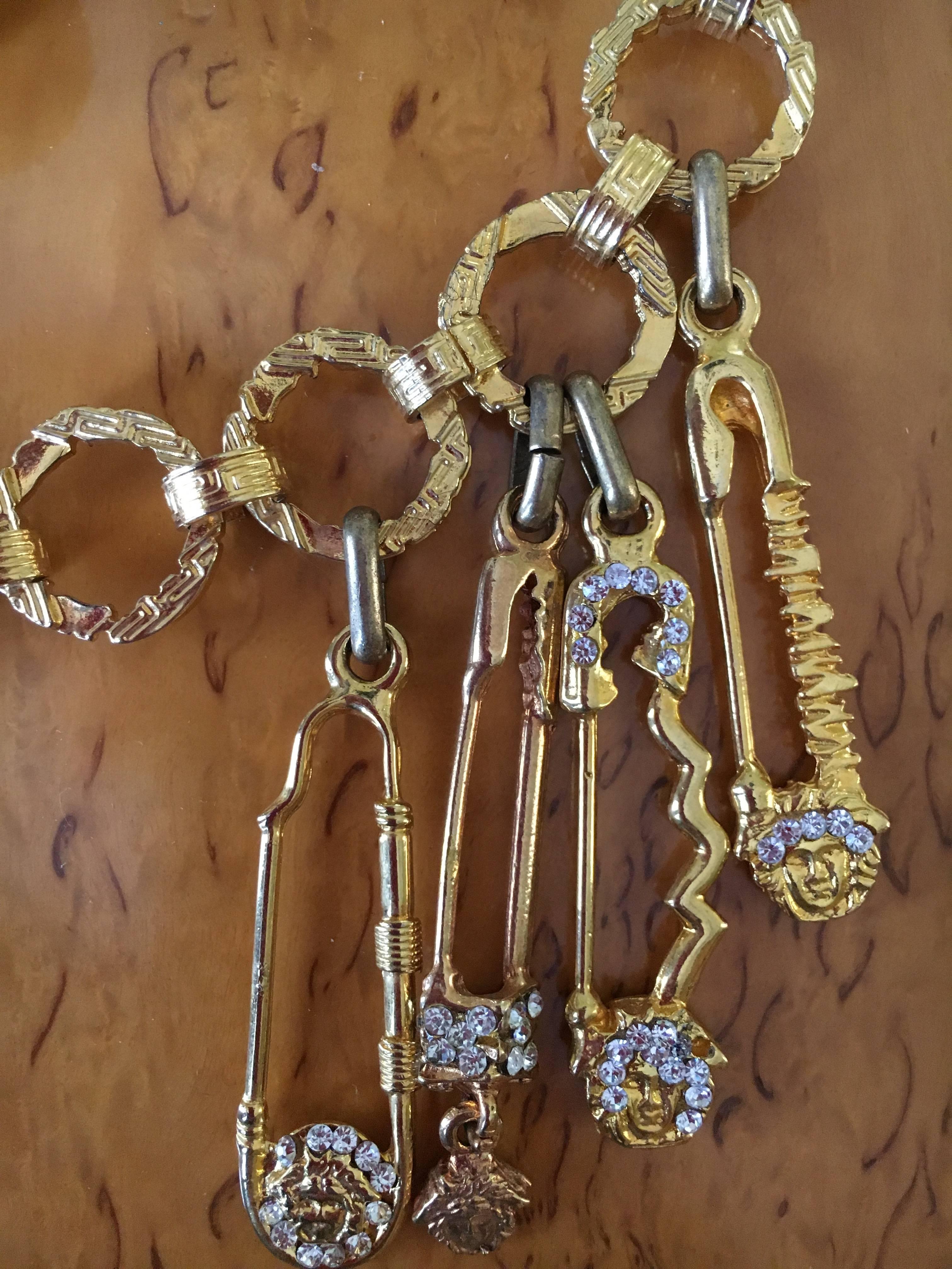 Women's or Men's Gianni Versace Rare Vintage Crystal Embellished Greek Key Safety Pin Medusa Bel For Sale