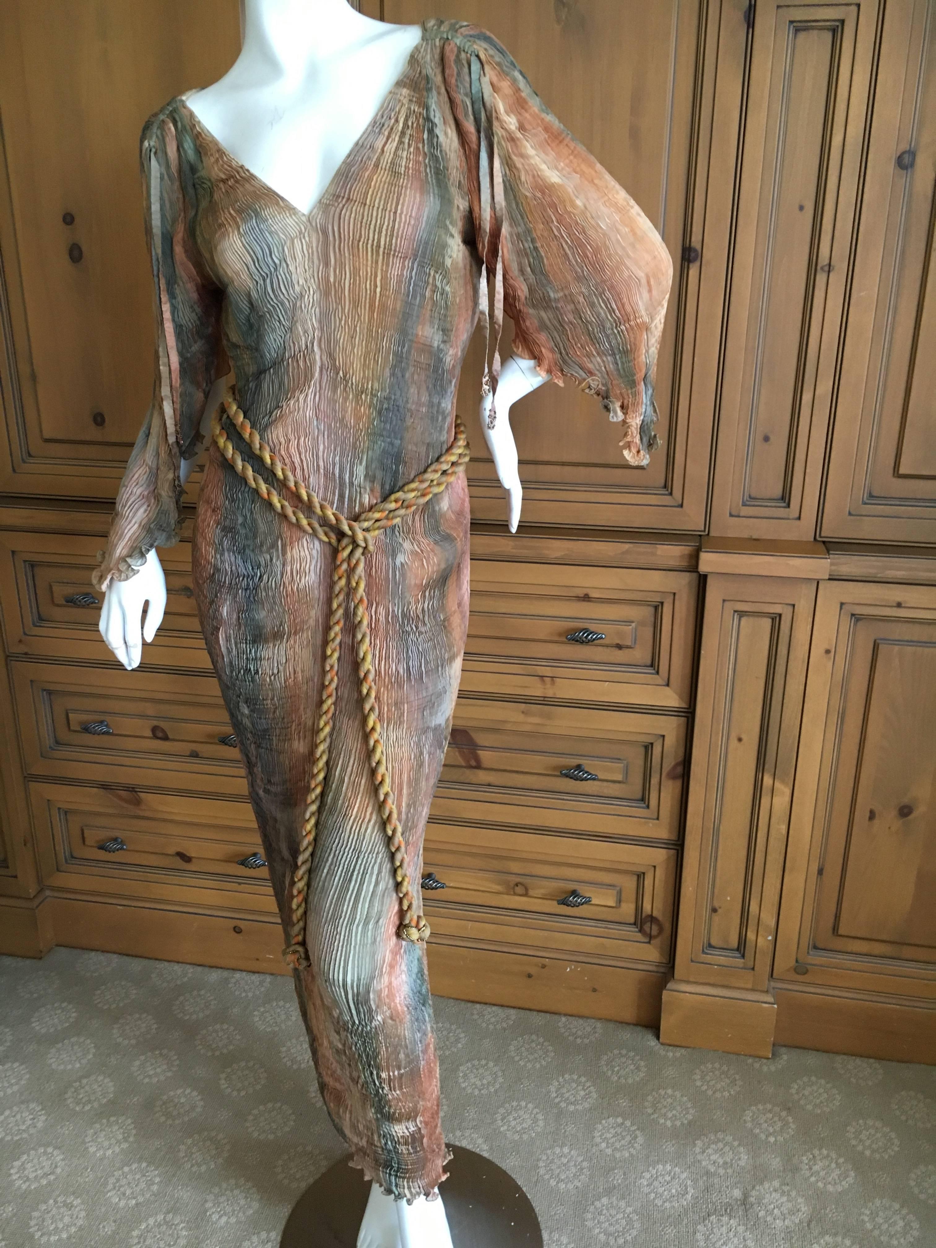 Brown Patricia Lester Wales Rare Hand Dyed Plisse Pleated Low Cut Dress w Belt & Bag For Sale