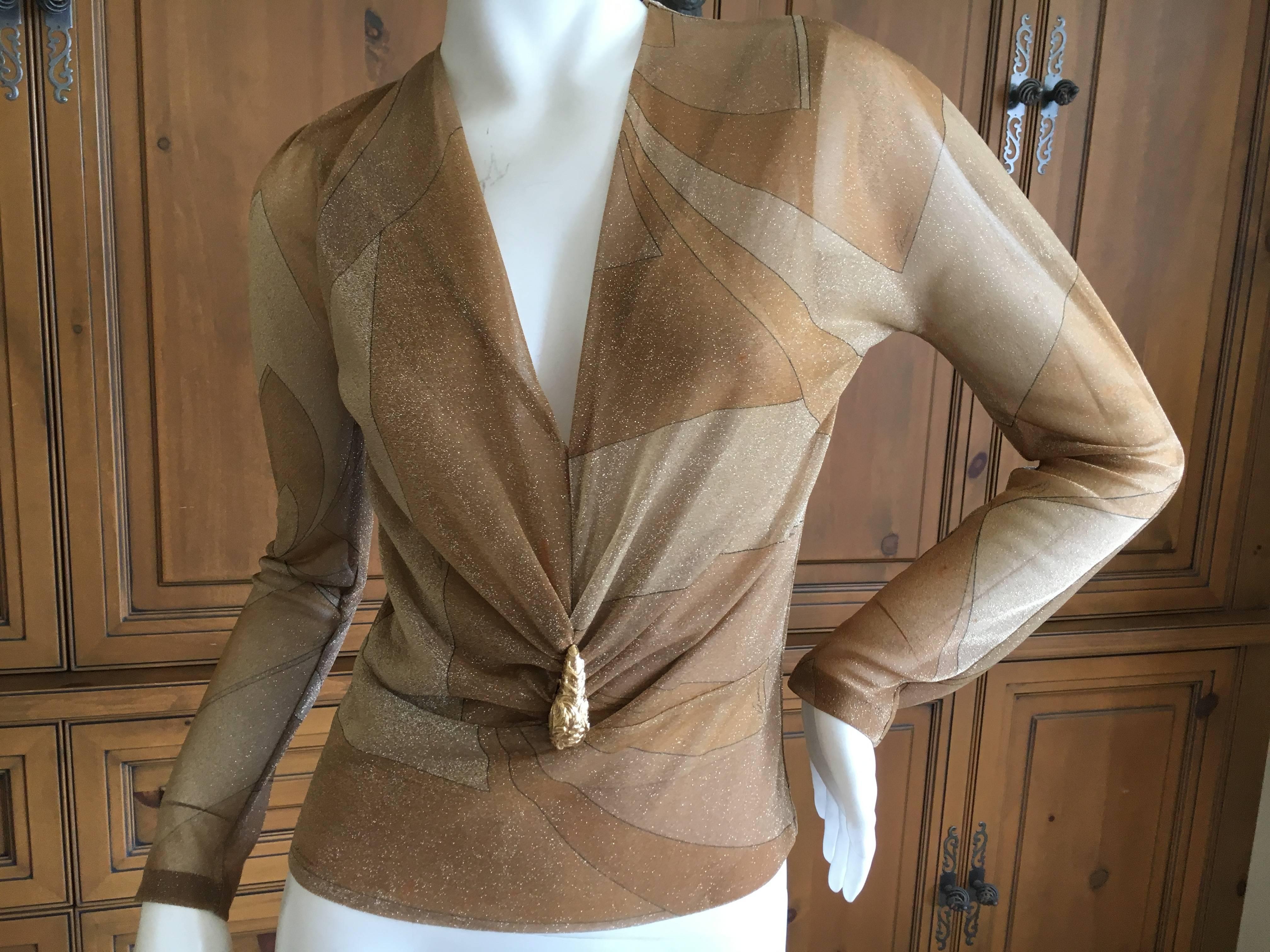 Gucci by Tom Ford Glittering Sheer Gold Top with Dragon Ornament In Excellent Condition For Sale In Cloverdale, CA