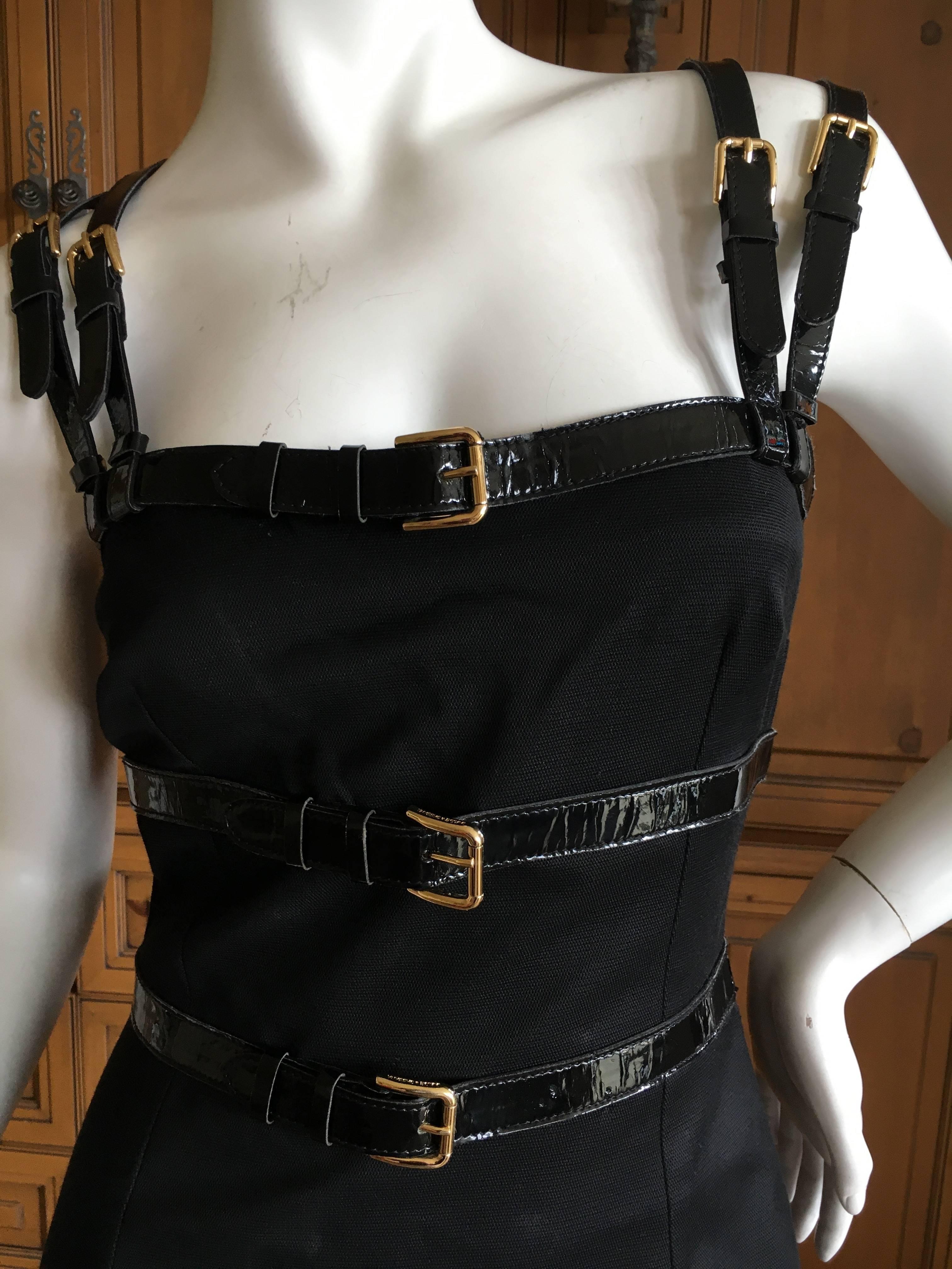 Dolce & Gabbana Vintage Patent Leather Trim Bondage Strap Little Black Dress For Sale 1