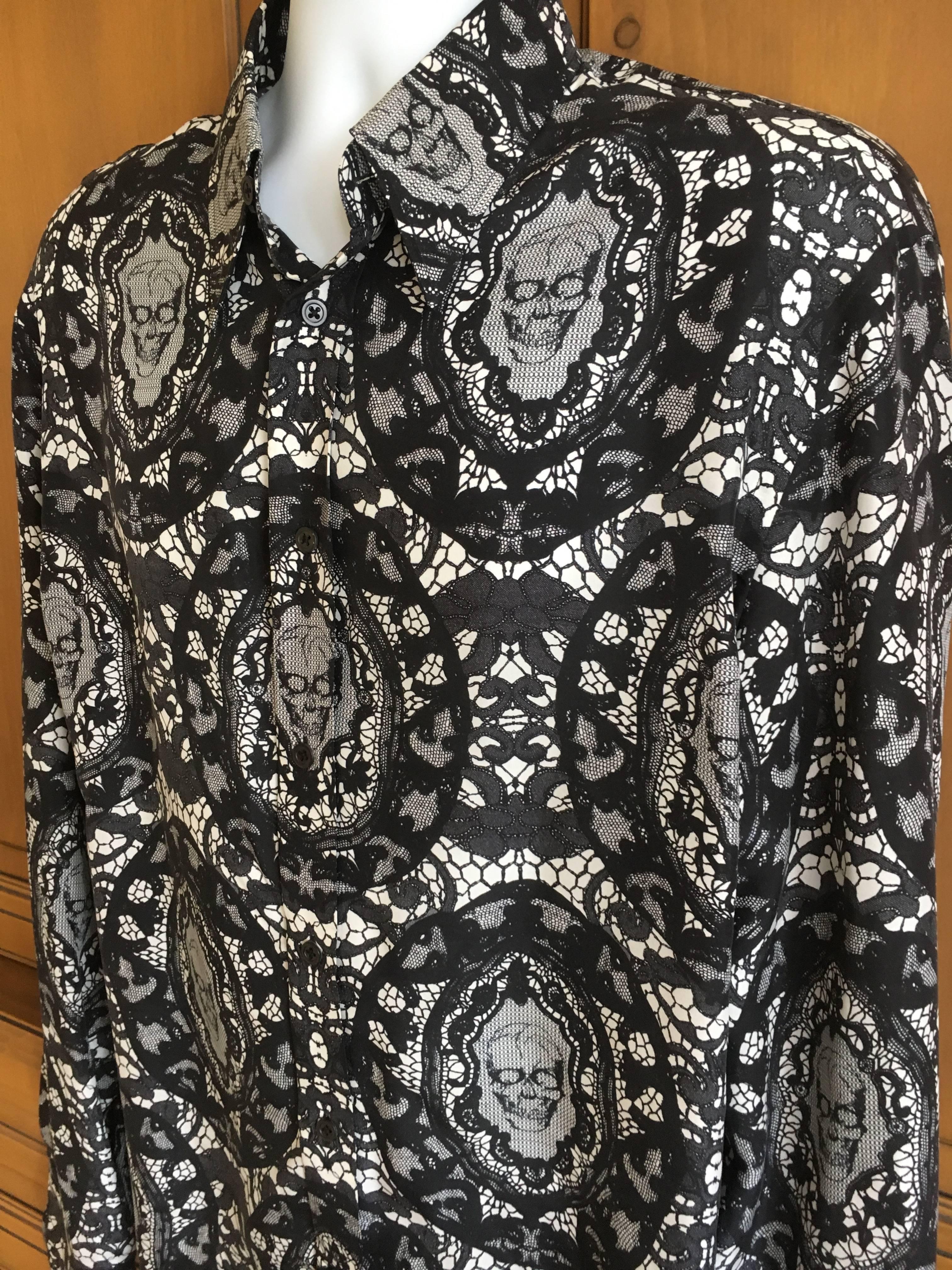 Black Alexander McQueen Fantastic Death Head Skull Silk Dress Shirt With French Cuffs