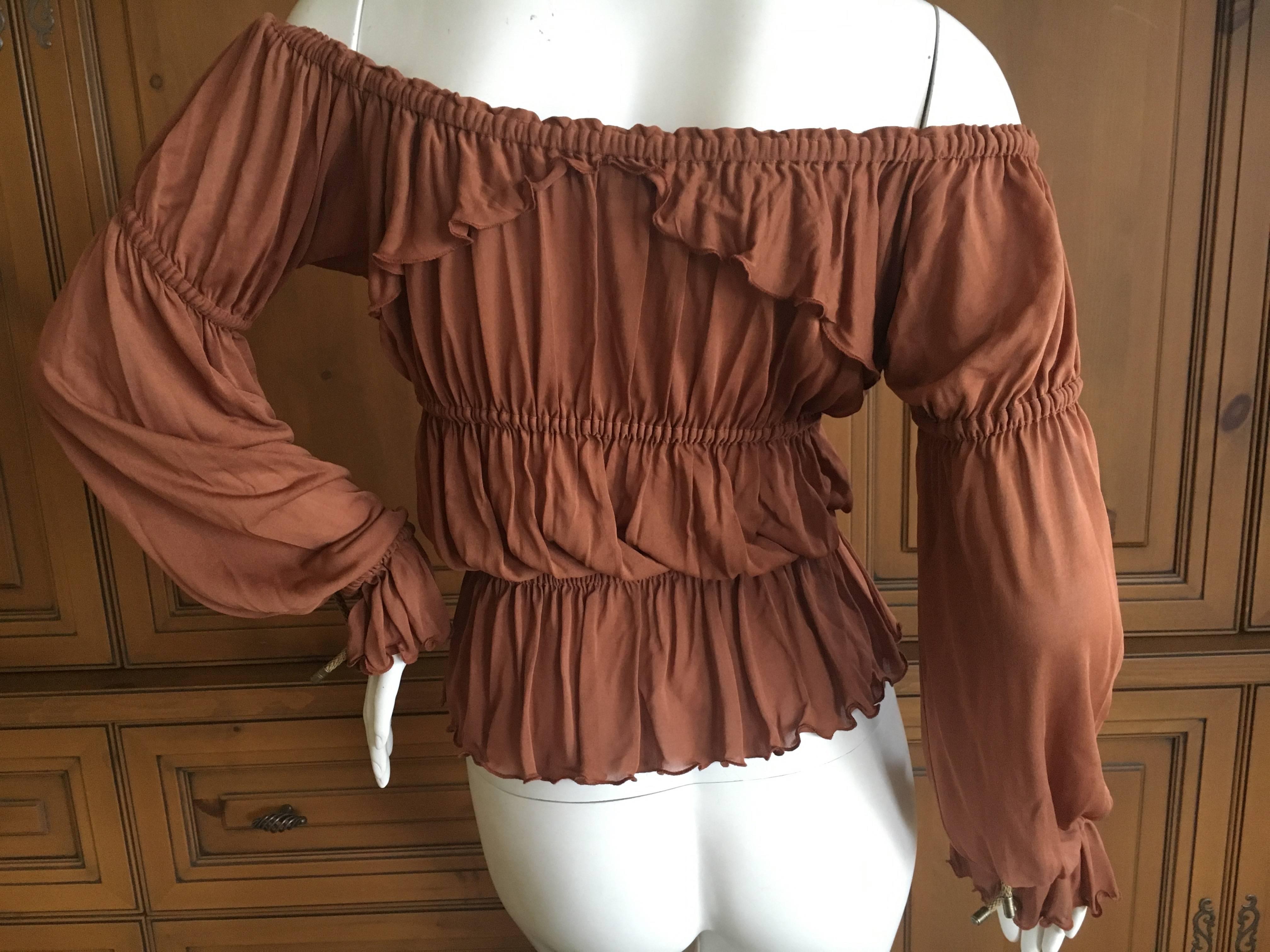 Yves Saint Laurent by Tom Ford Off the Shoulder Peasant Blouse
Peasant sleeves with gathered layers, this is semi sheer, so beautiful.
There is a lot of stretch, there is elastic
 Measurements are given un stretched
 Size L
Bust 36