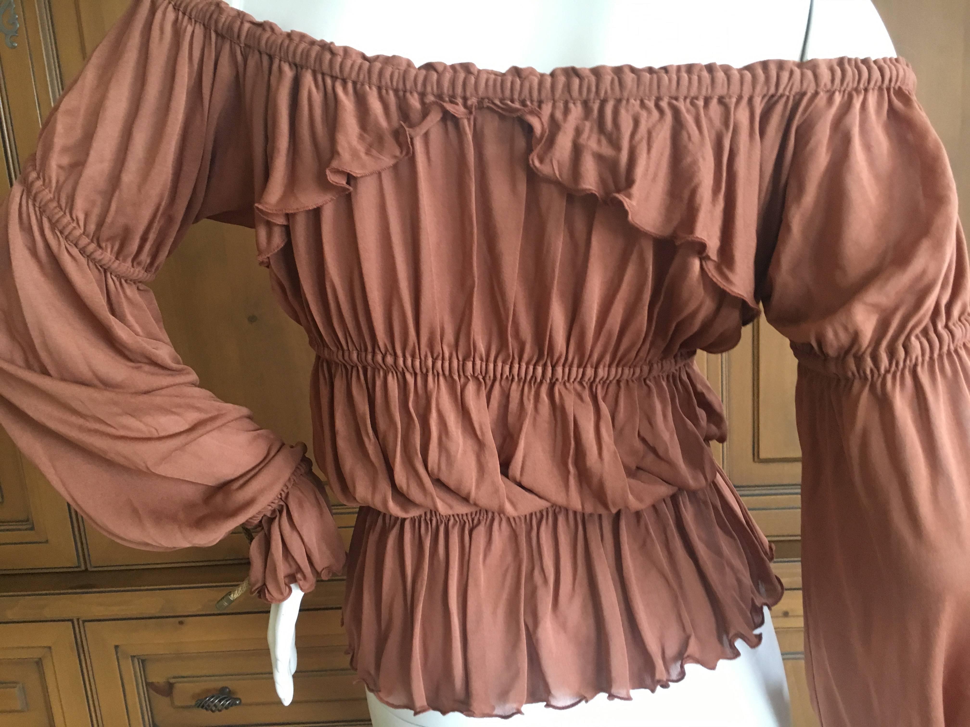 Brown Yves Saint Laurent by Tom Ford Off the Shoulder Peasant Blouse