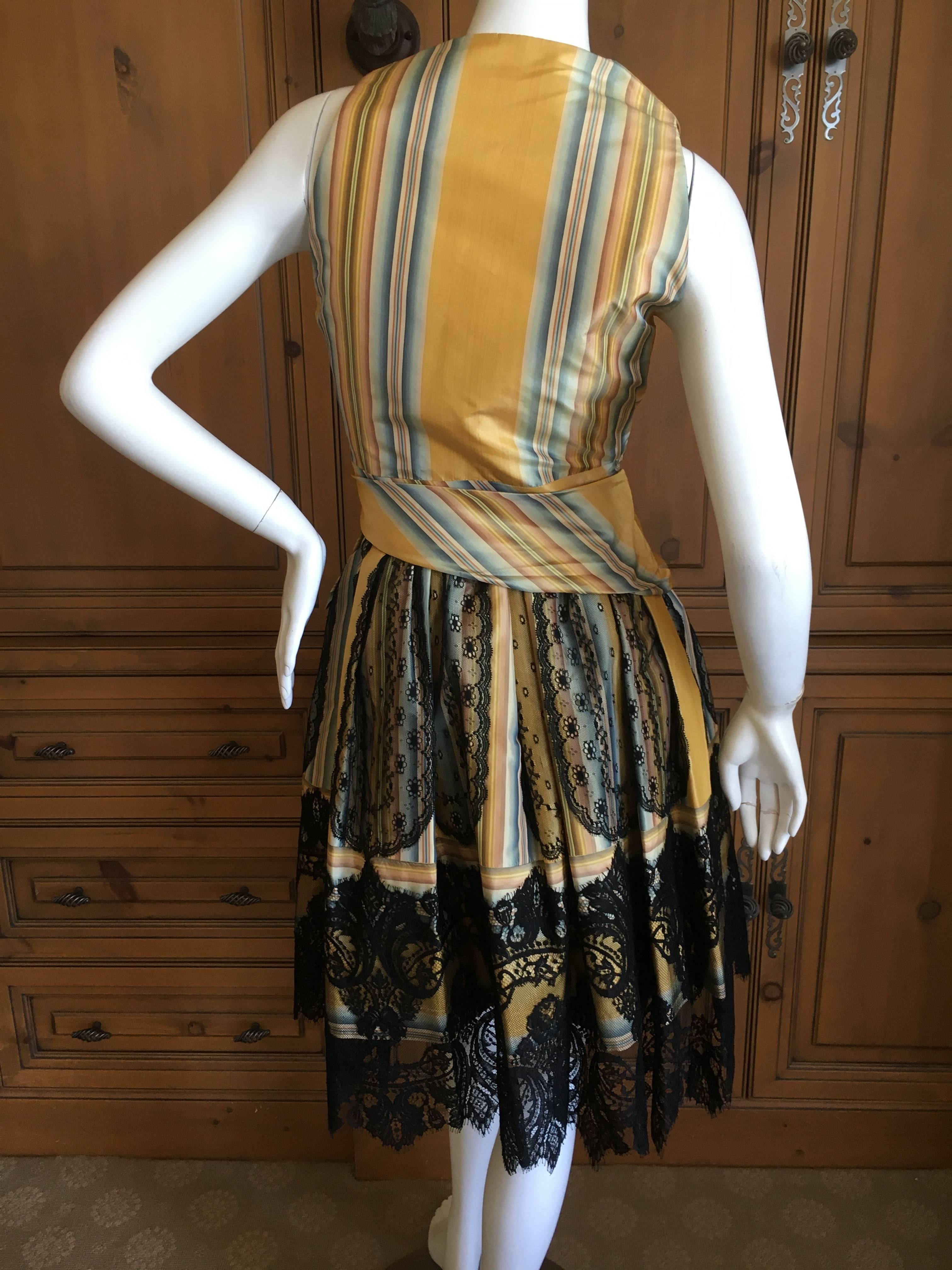 Women's Christian Lacroix Charming Stripe Silk Summer Dress w Arlesian Lace Trim Skirt For Sale