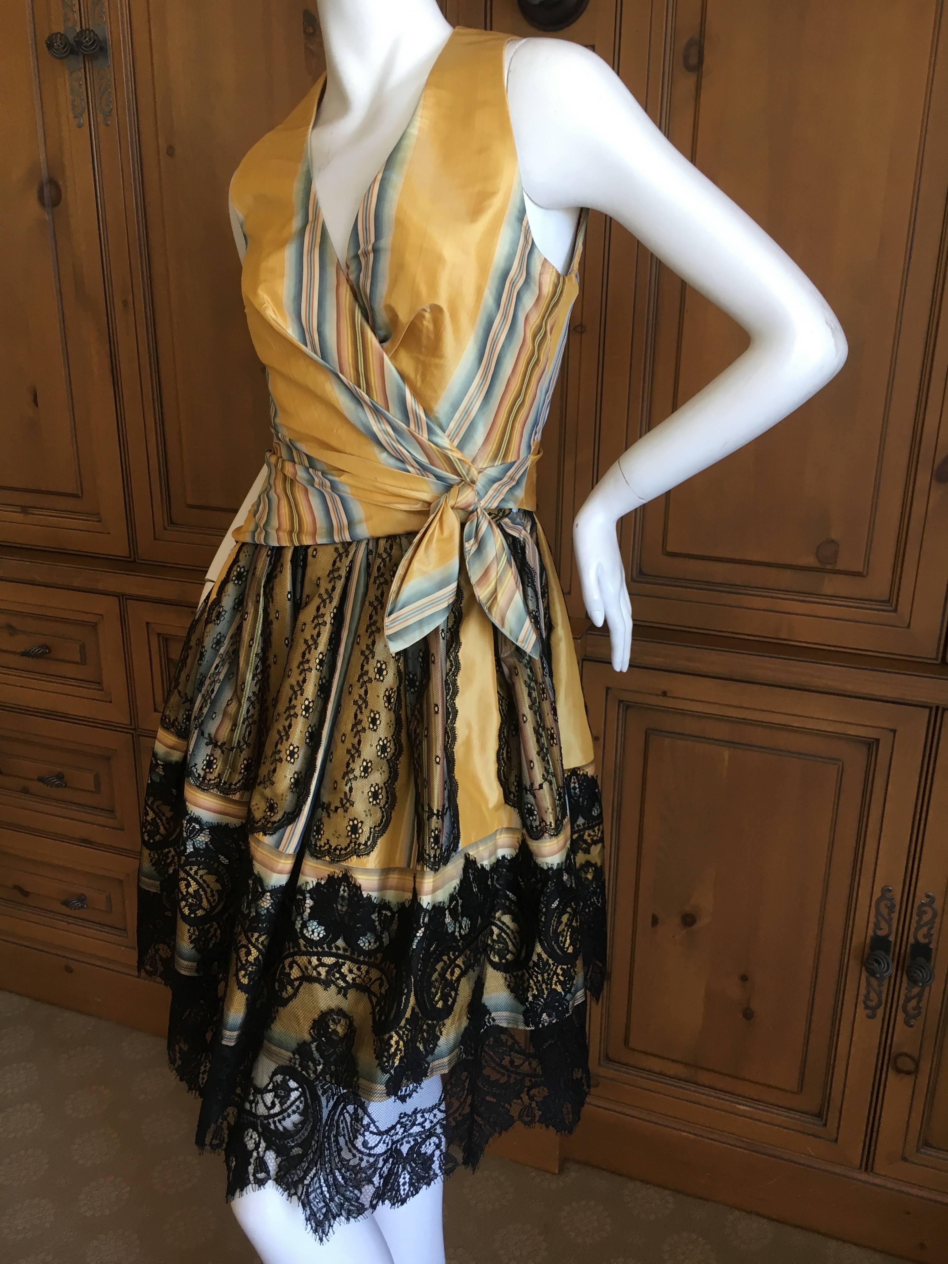Christian Lacroix Charming Stripe Silk Summer Dress w Arlesian Lace Trim Skirt For Sale 1