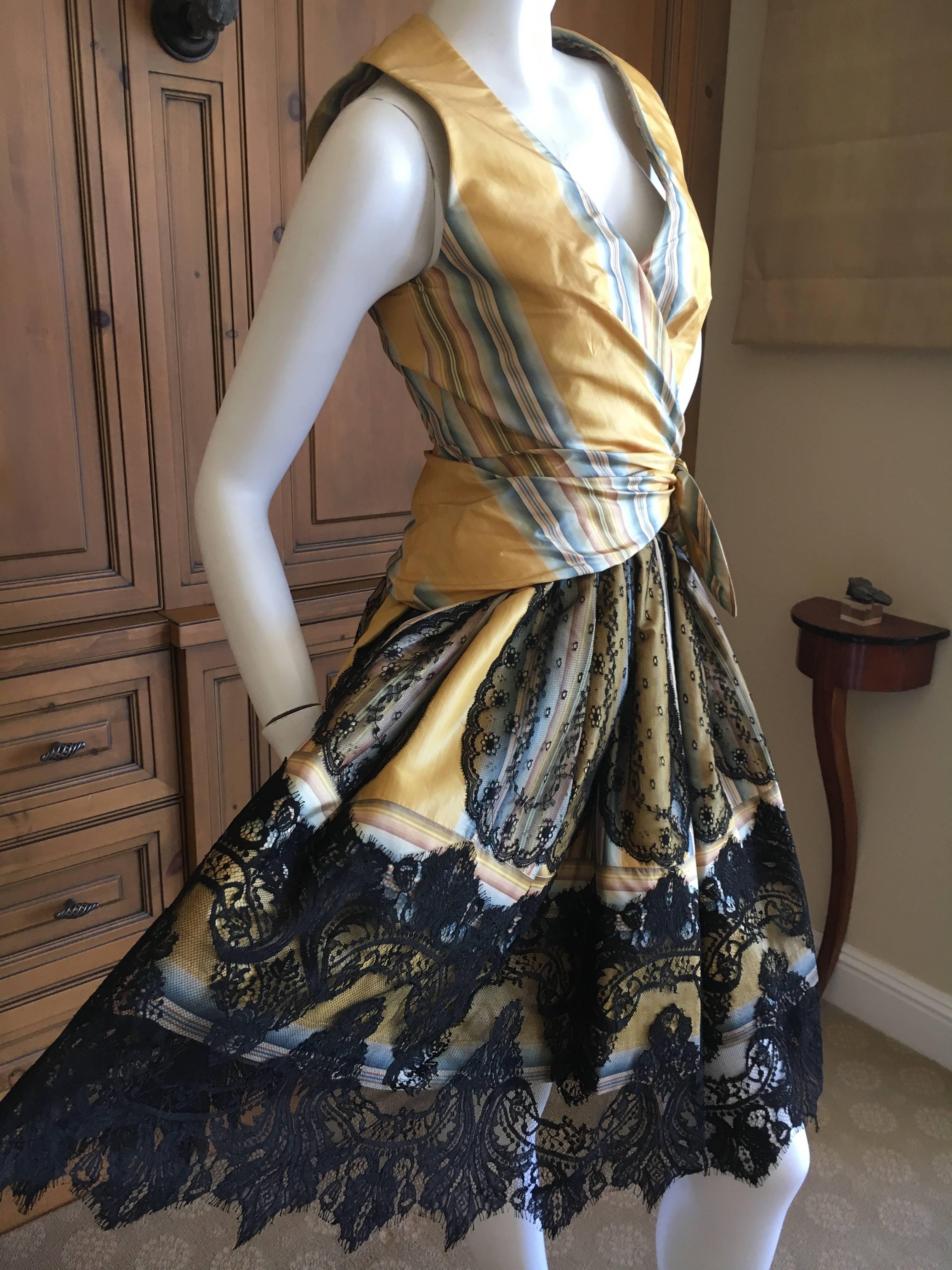 Christian Lacroix Charming Stripe Silk Summer Dress w Arlesian Lace Trim Skirt In Excellent Condition For Sale In Cloverdale, CA