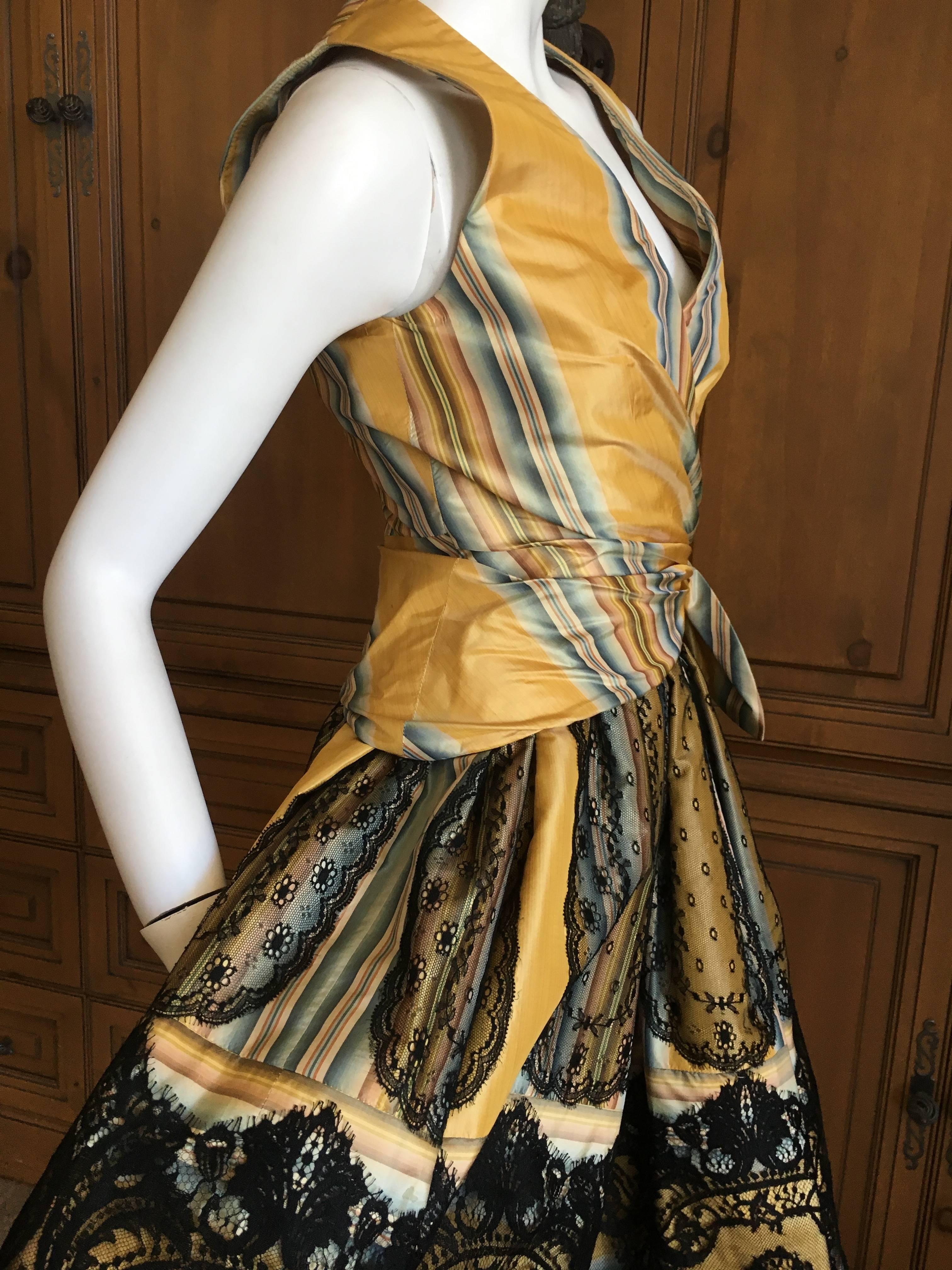 Christian Lacroix Charming Stripe Silk Summer Dress w Arlesian Lace Trim Skirt For Sale 2