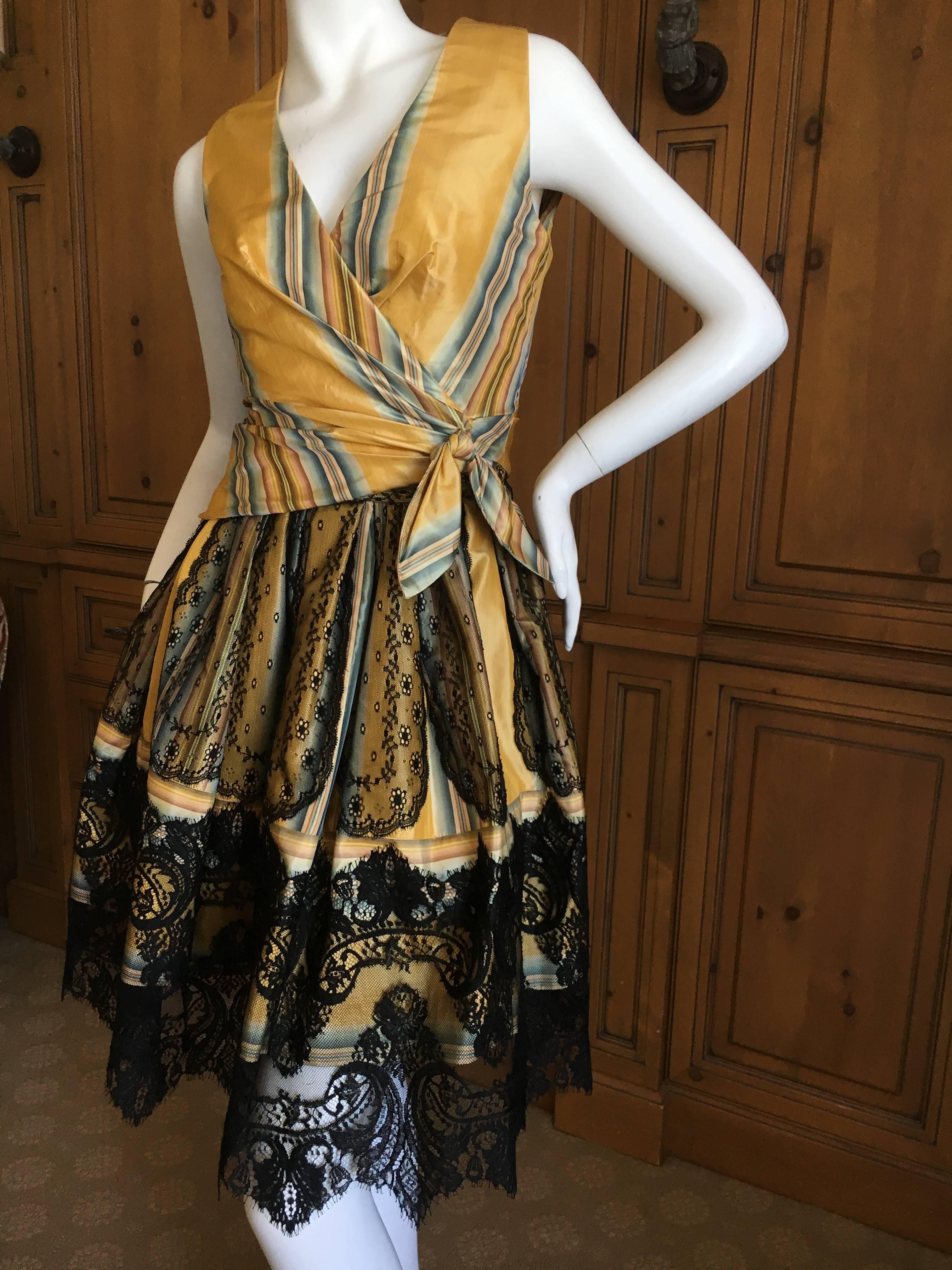 Christian Lacroix Charming Stripe Silk Summer Dress w Arlesian Lace Trim Skirt For Sale 3