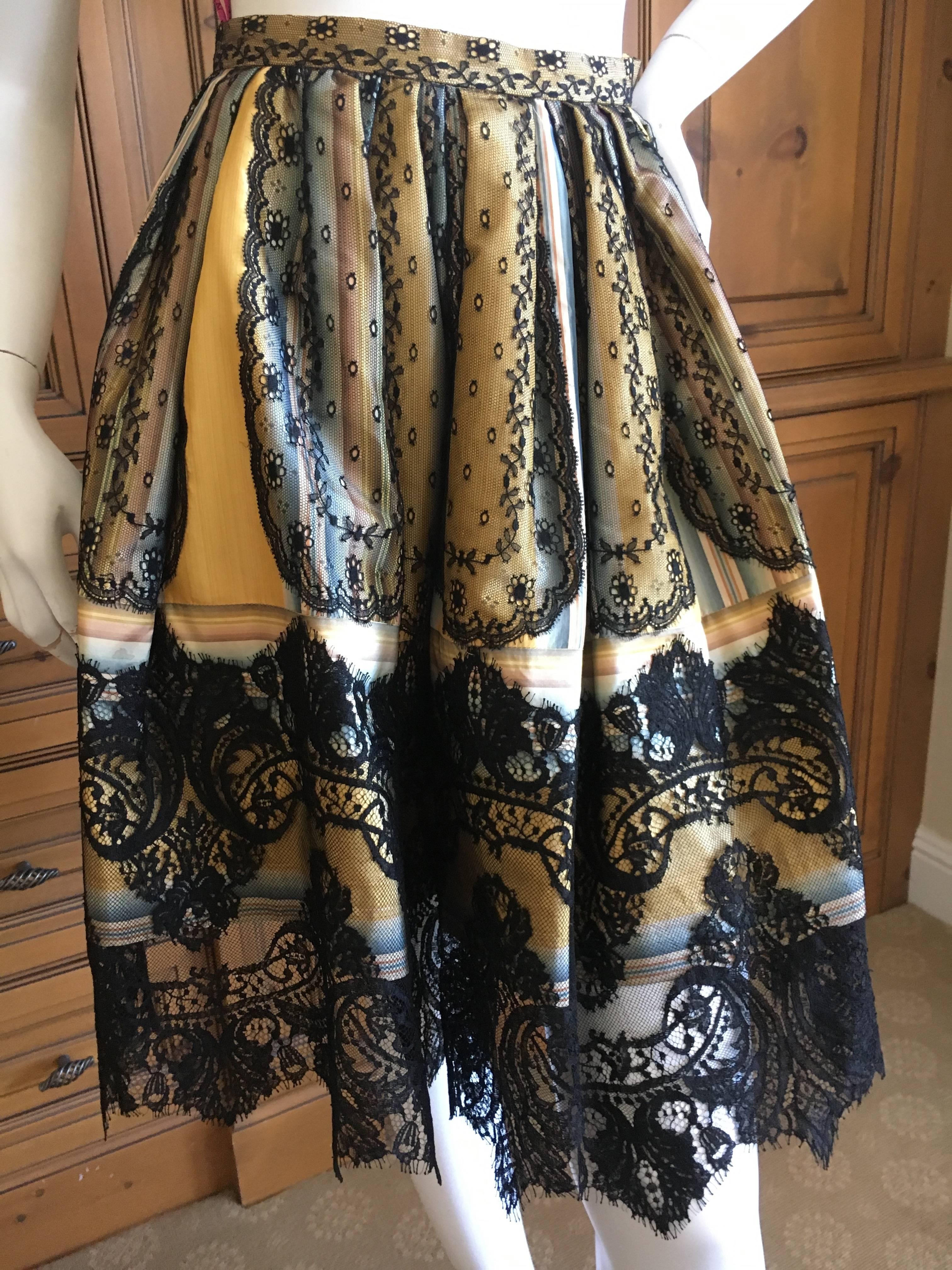 Black Christian Lacroix Charming Stripe Silk Summer Dress w Arlesian Lace Trim Skirt For Sale
