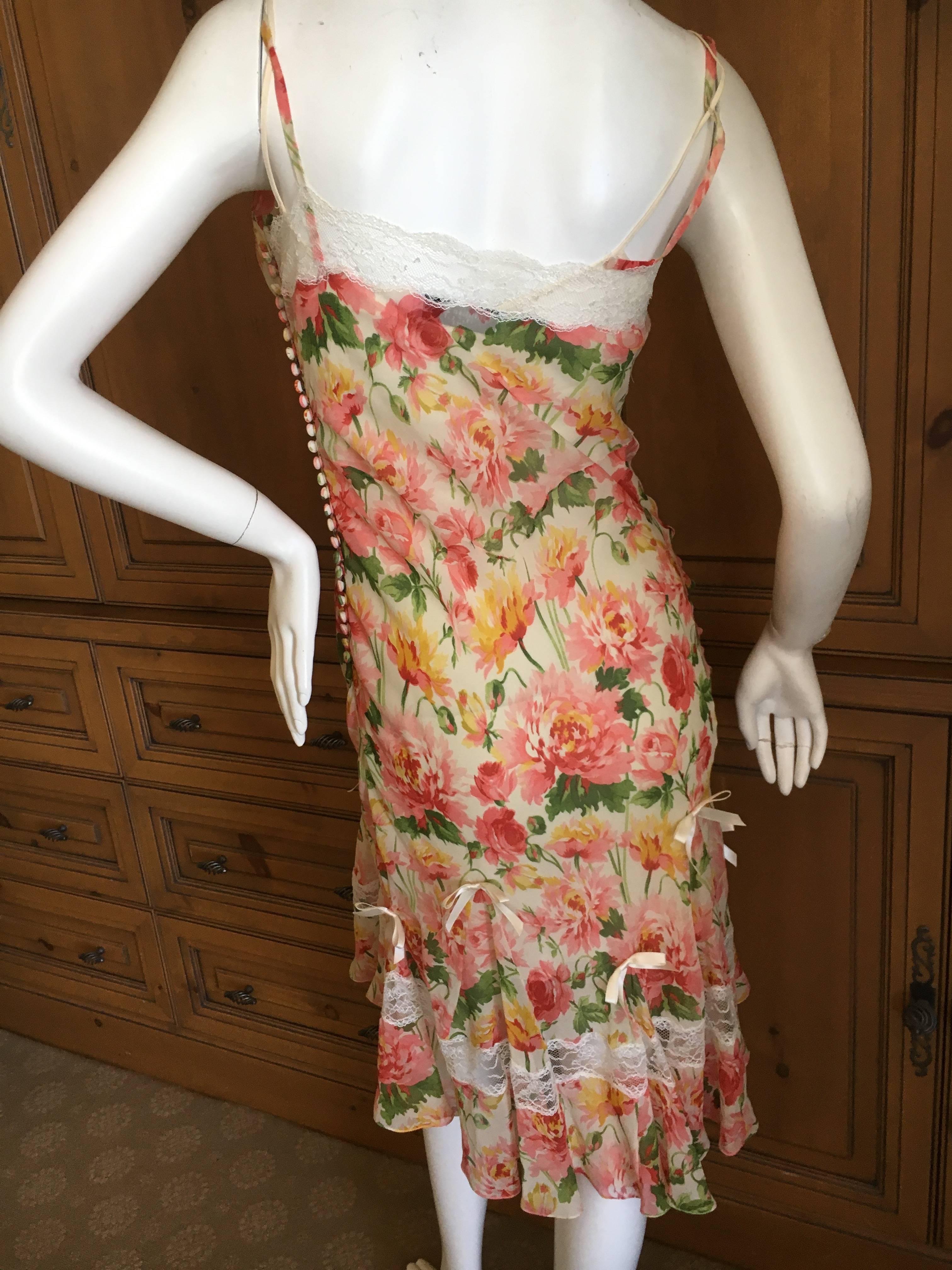 Beige Christian Dior by John Galliano Romantic Floral Dress with Sheer Lace Inserts 38 For Sale