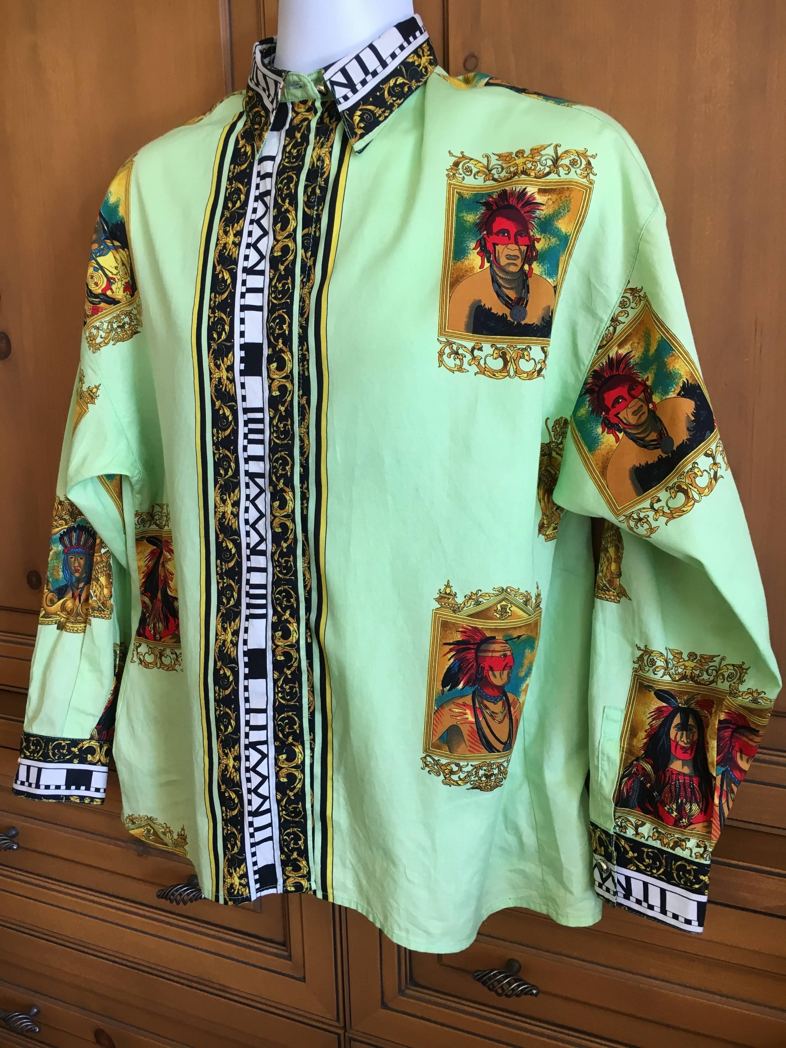 Versus Gianni Versace Rare1993 Cotton Indian Print Men's Large Shirt 

This is sublime, the rare avis for collectors. 

Marked size 46, I would say it's a large

 Appx Measurements ;

 Chest 44"

Waist 40" 

Length 28"

Across
