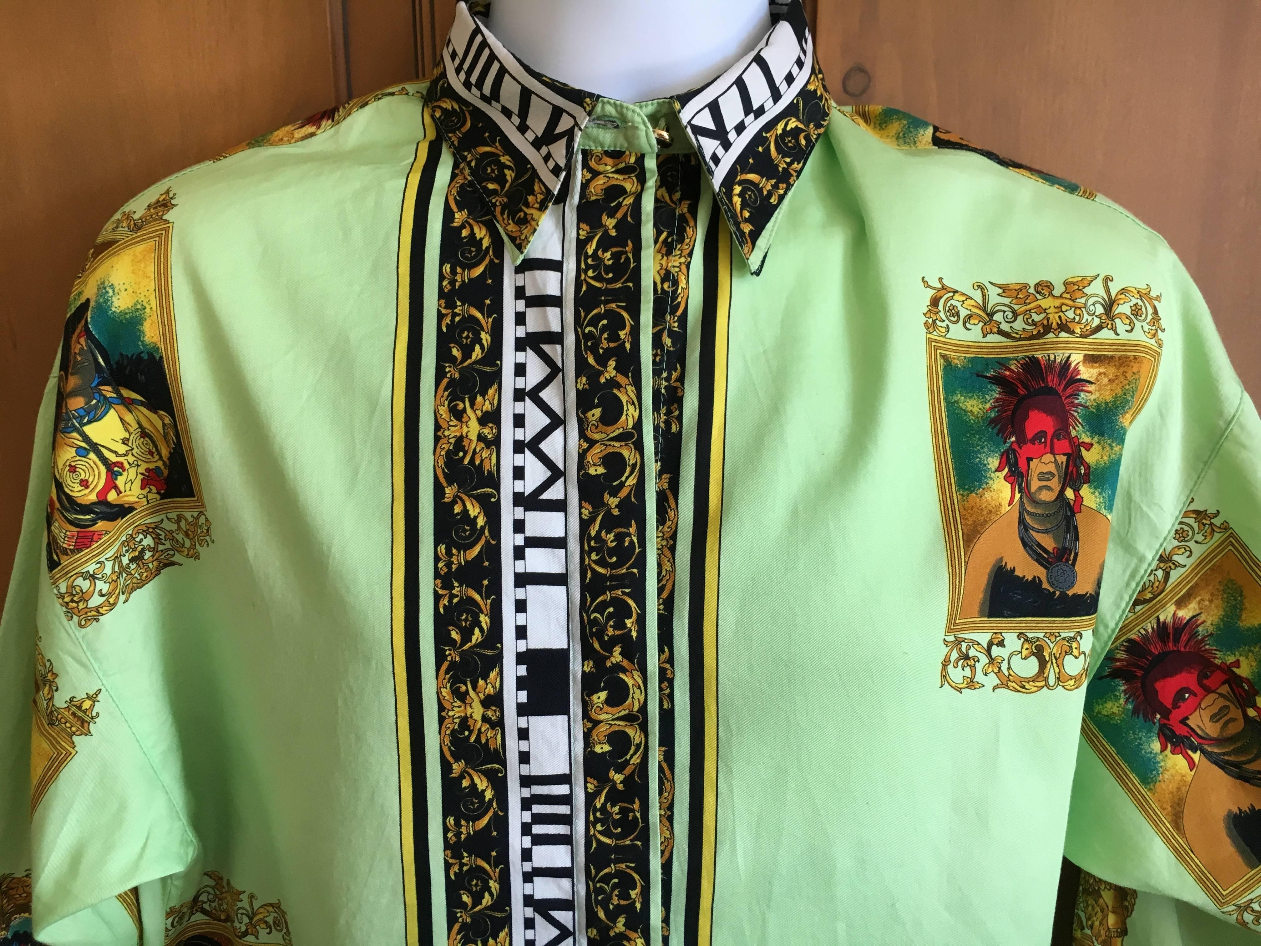 Green Versus Gianni Versace Rare1993 Cotton Indian Print Men's Large Shirt 