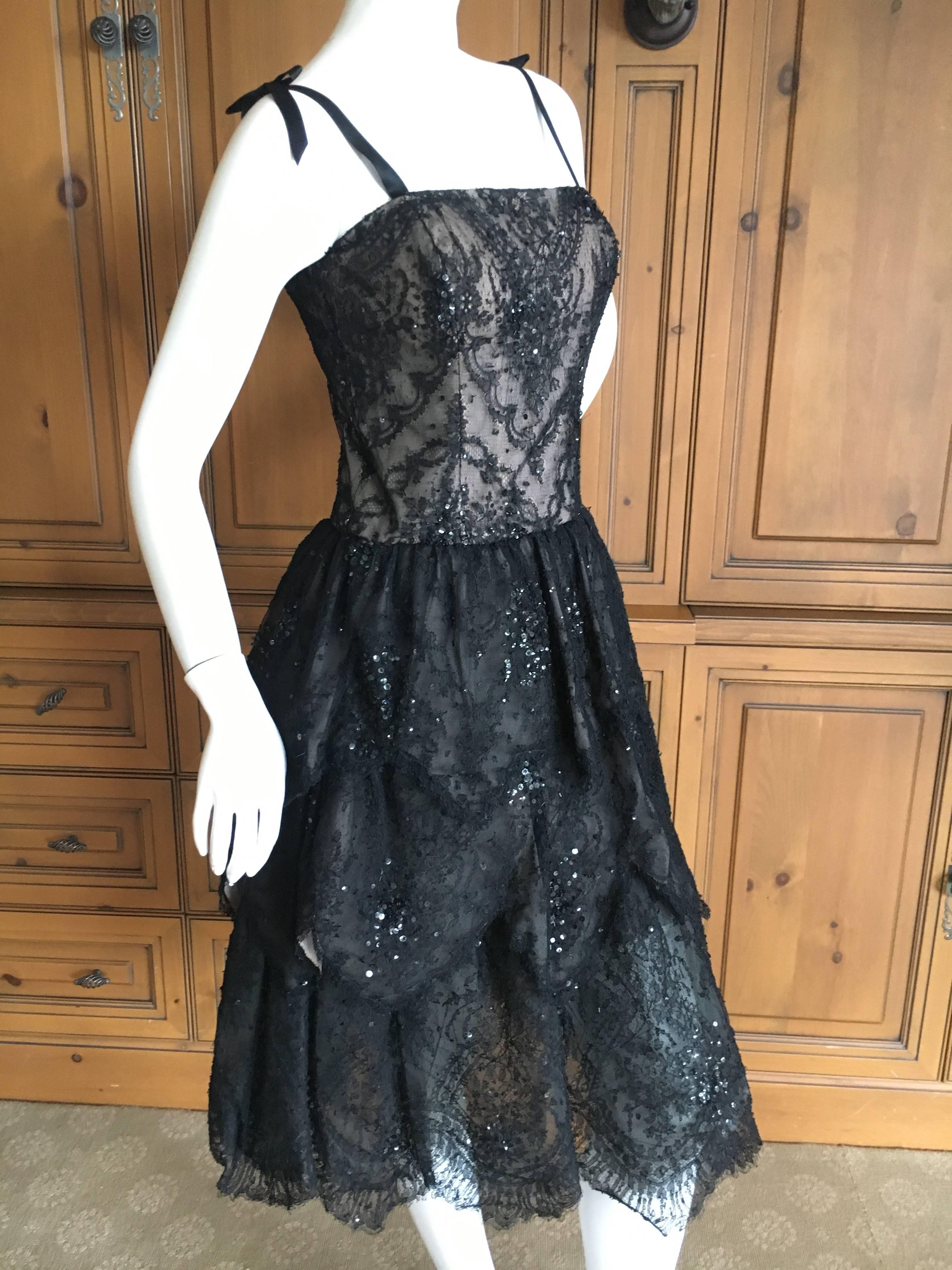 Oscar de la Renta Vintage Black Layered Lace Petal Dress In Excellent Condition For Sale In Cloverdale, CA