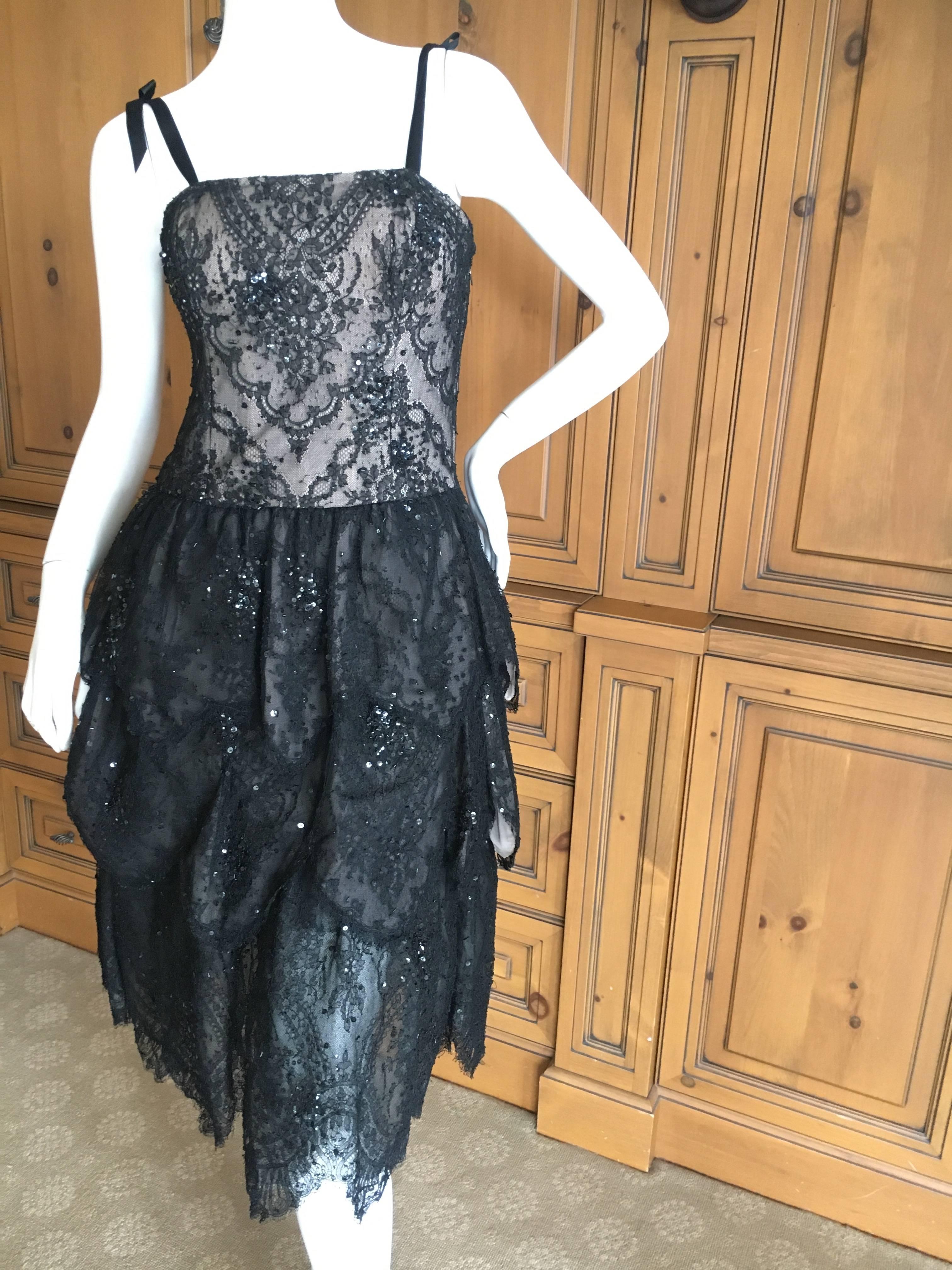 Oscar de la Renta Vintage Black Layered Lace Petal Dress For Sale 1