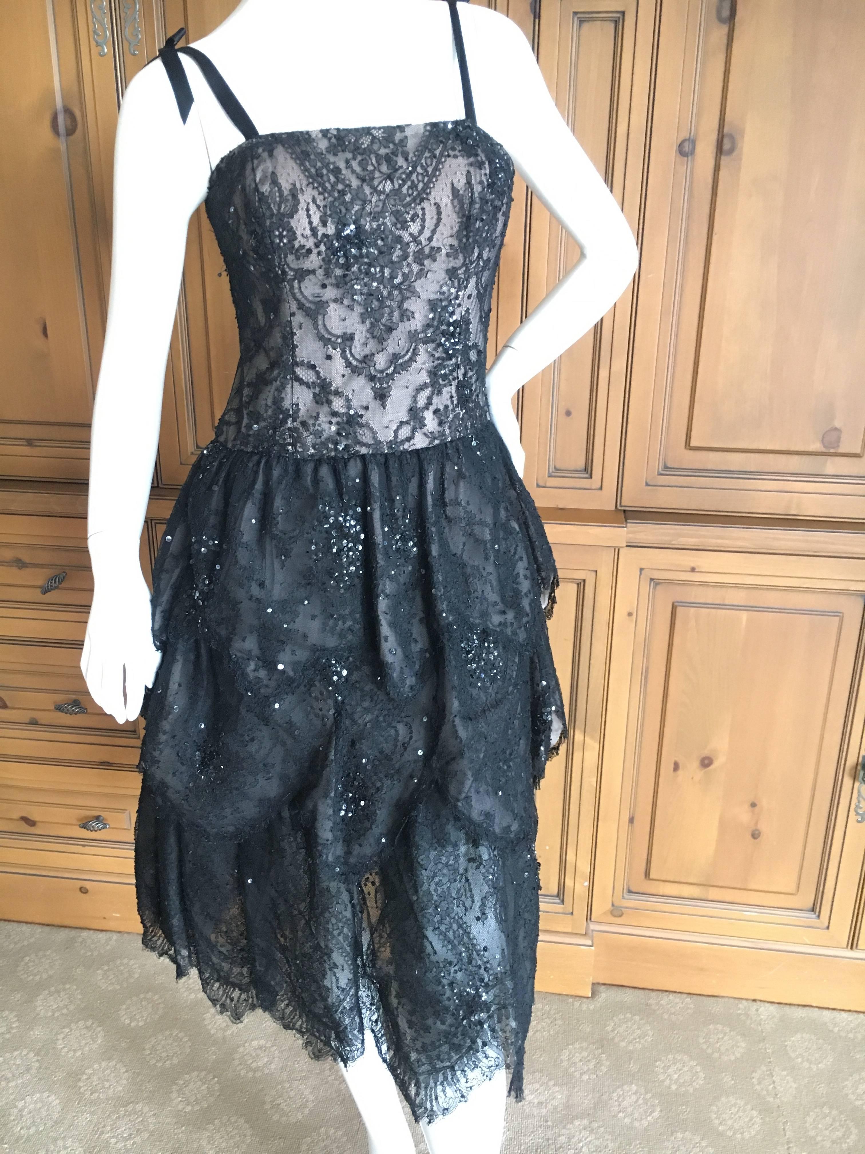 Oscar de la Renta Vintage Black Layered Lace Petal Dress For Sale 2
