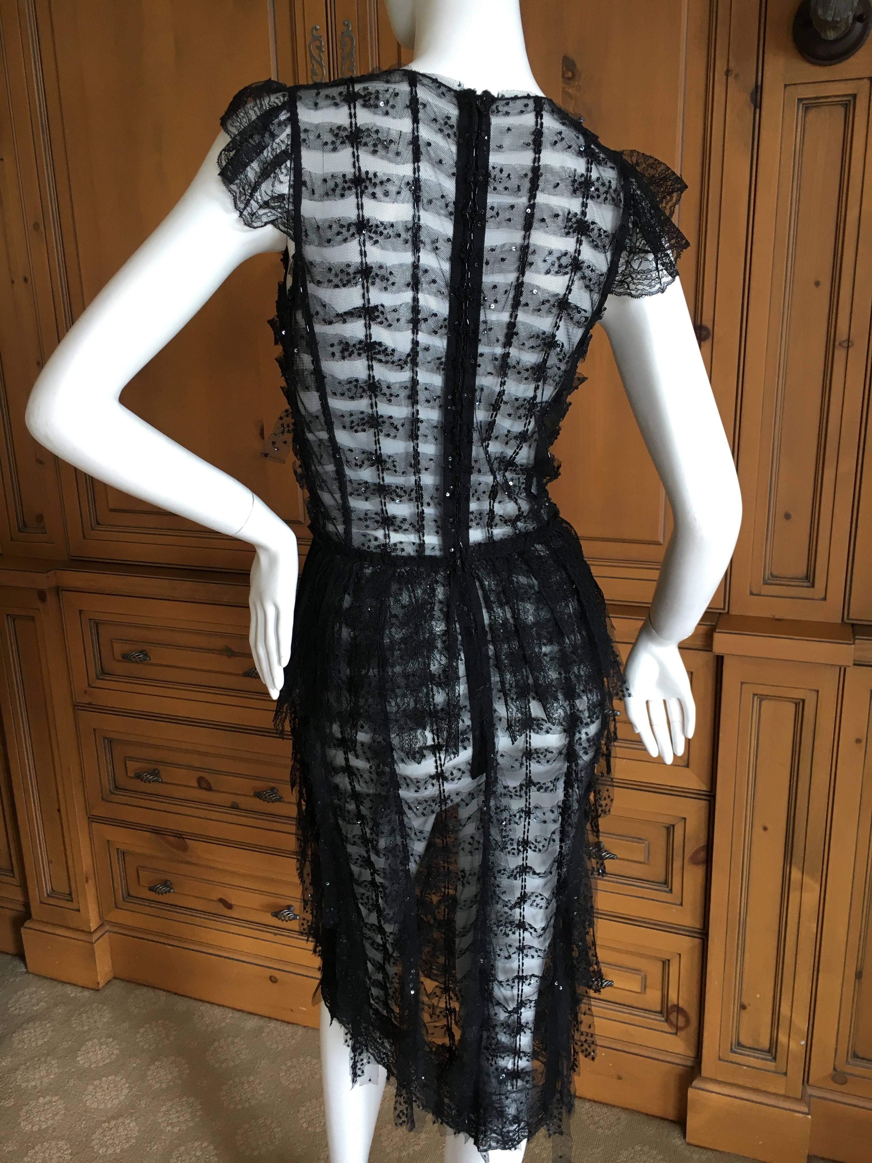 Oscar de la Renta Sheer Black Bugle Bead Embellished Cocktail Dress with Slip In Excellent Condition For Sale In Cloverdale, CA