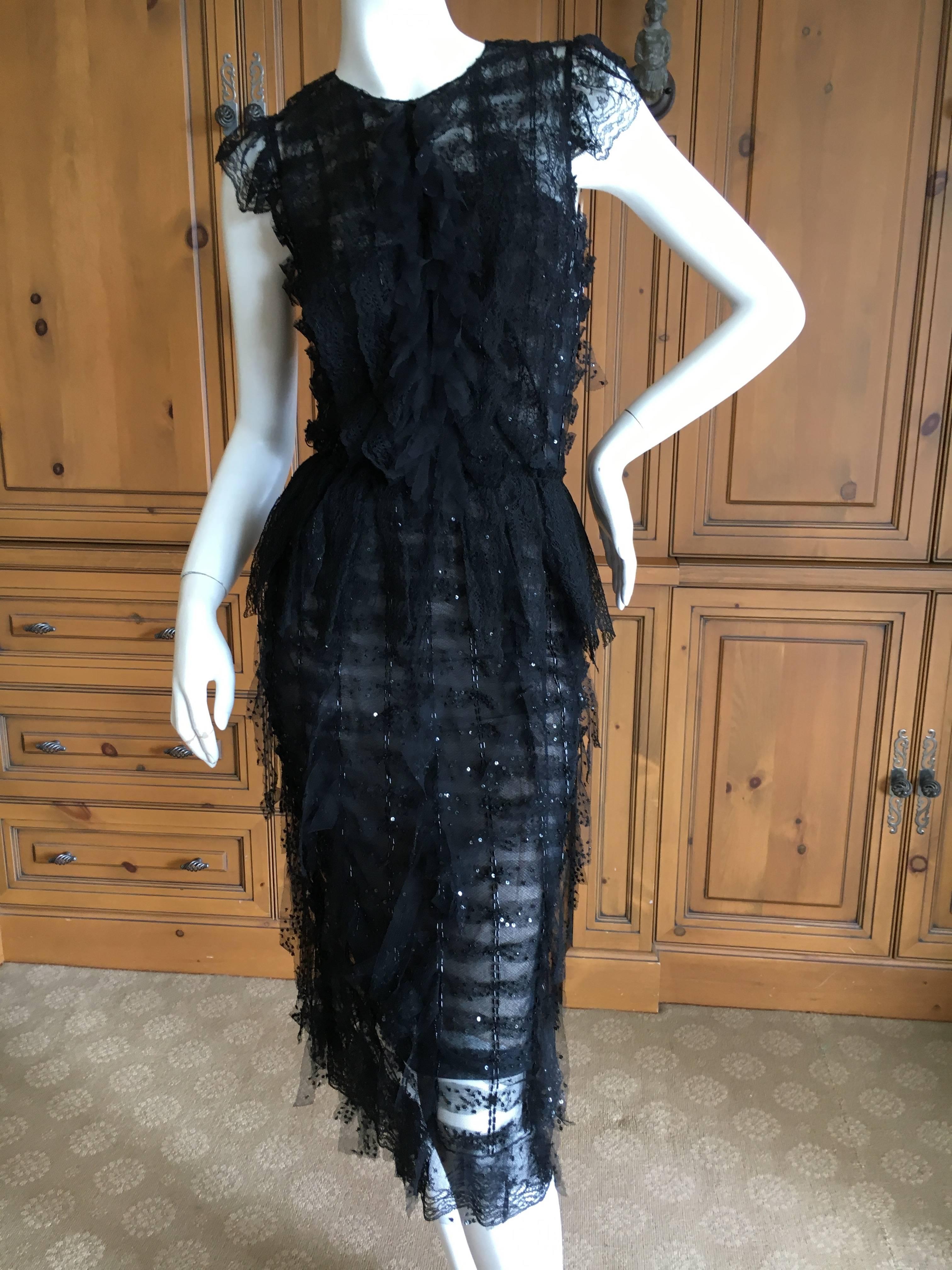 Oscar de la Renta Sheer Black Bugle Bead Embellished Cocktail Dress with Slip For Sale 3